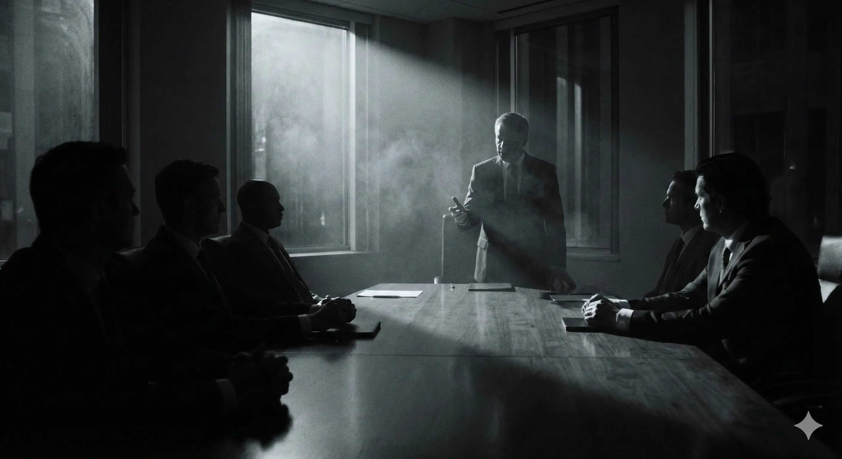 Мрачная переговорная комната в стиле нуар, силуэты людей в костюмах, густые тени, атмосфера напряжения и тишины. Кинематографичное освещение.