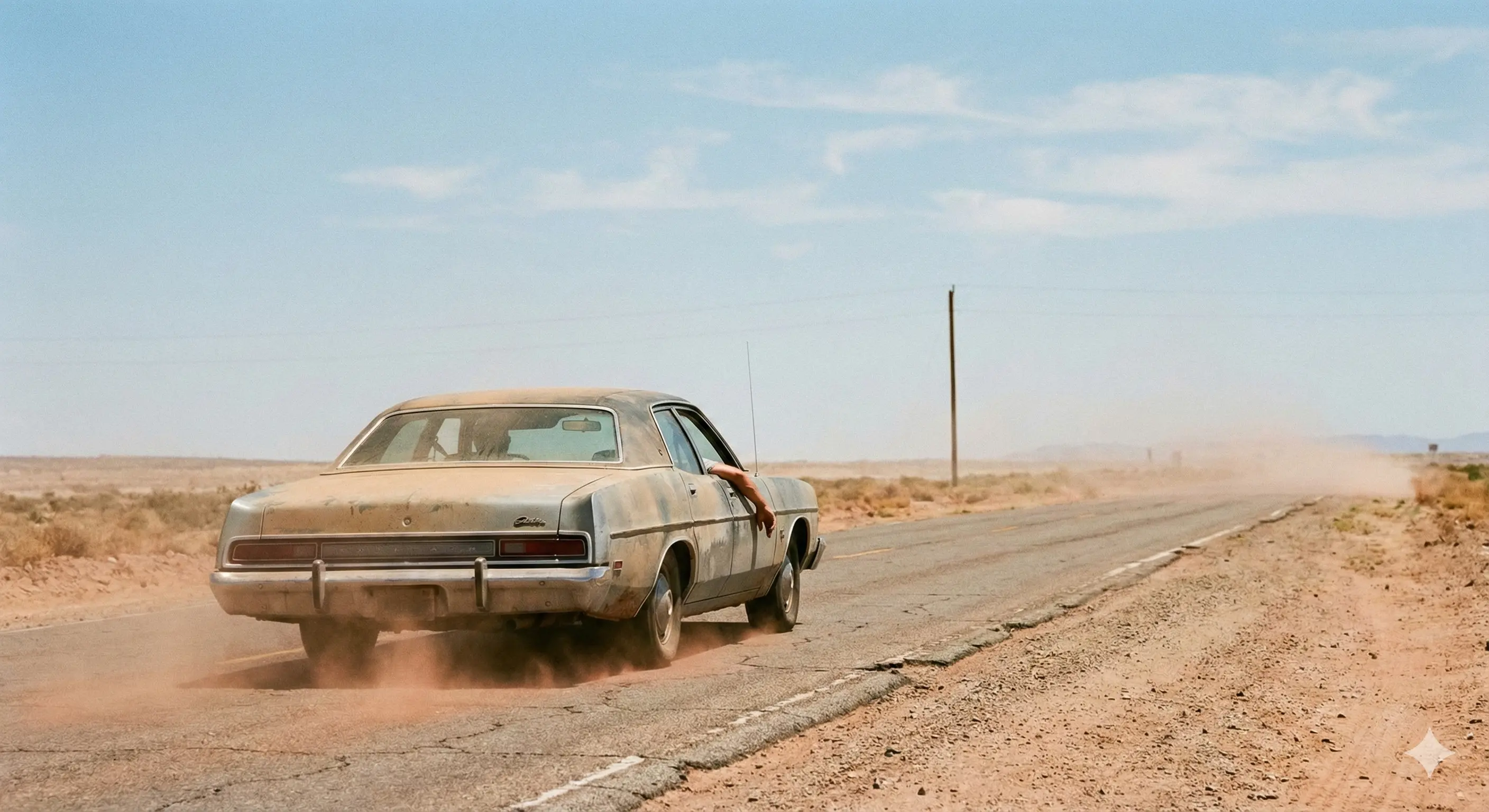 Старый автомобиль едет по раскаленной пустынной дороге, марево от жары, пыль, ощущение безысходности и изоляции. Фотореализм, стиль фильма 'Старикам тут не место'.