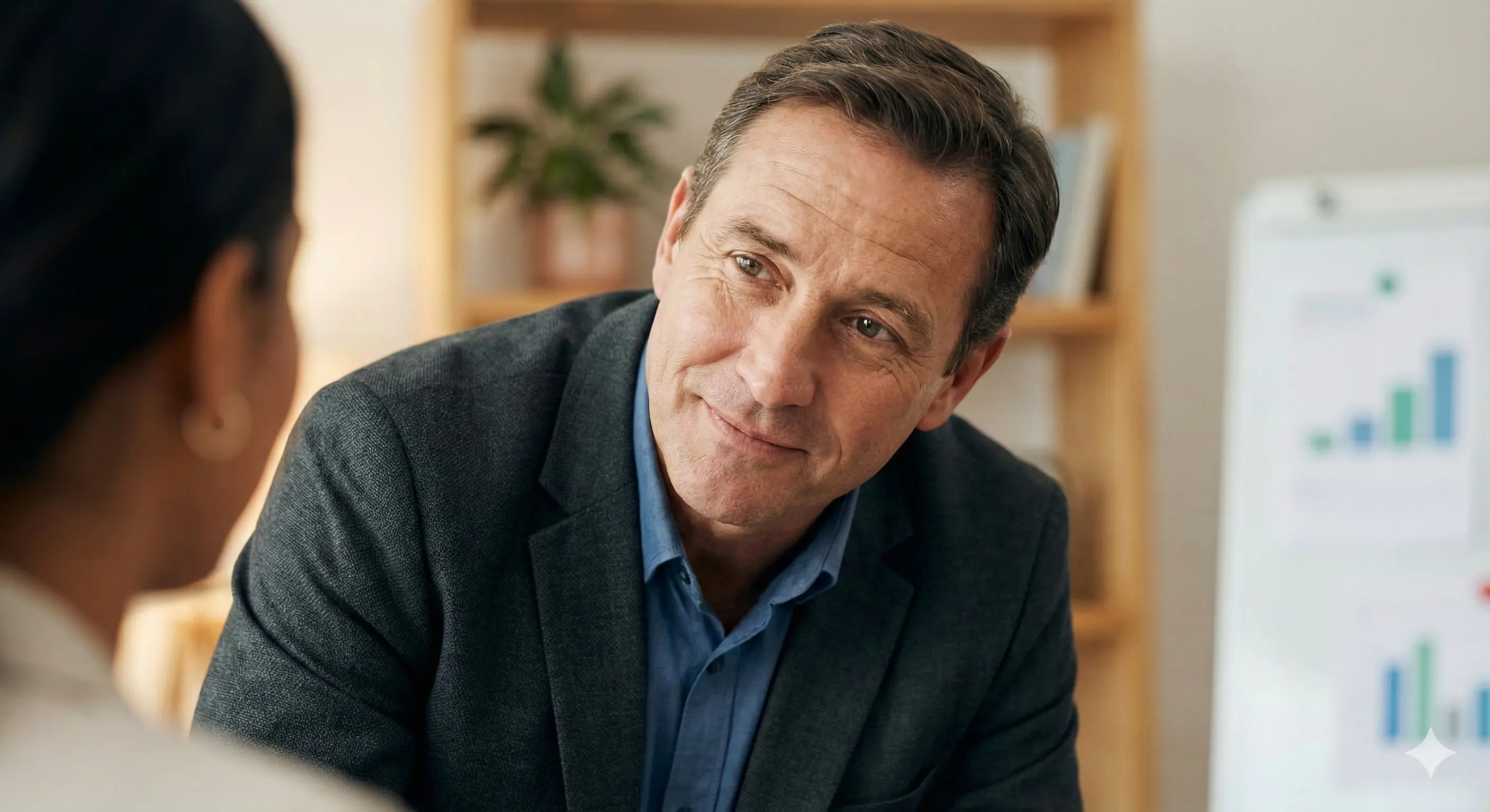 Иллюстрация: Крупный план лица человека, который внимательно и с доброй улыбкой слушает собеседника.