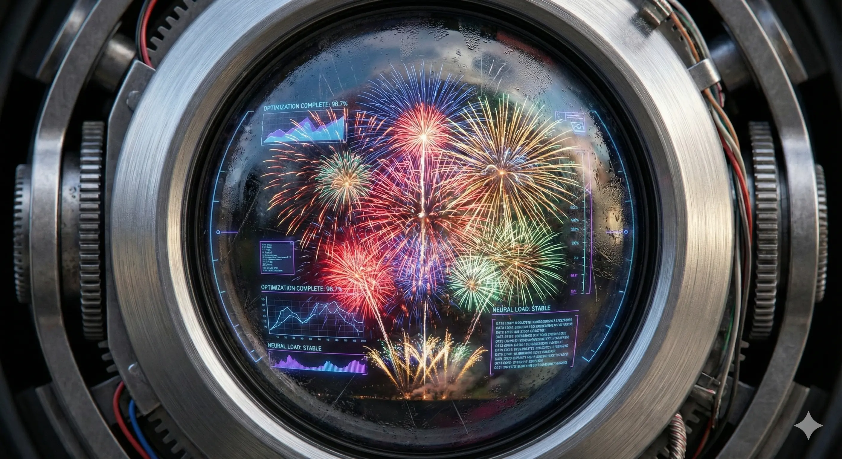 Иллюстрация: Крупный план механического глаза или объектива камеры, в котором отражаются фейерверки. Внутри линзы видны бегущие строки кода и параметры оптимизации. Взгляд спокойный и анализирующий.