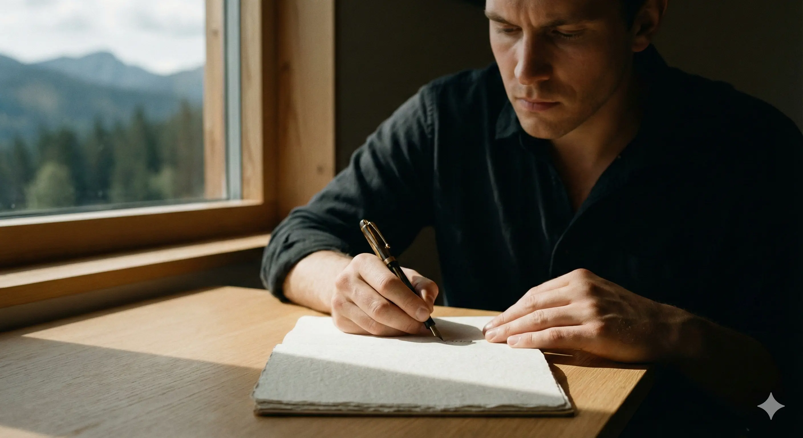 Пустой рабочий стол. Один блокнот, одна ручка. Человек пишет от руки, концентрация на лице. За окном природа, естественный свет. Стиль: Dark minimalism, атмосфера покоя