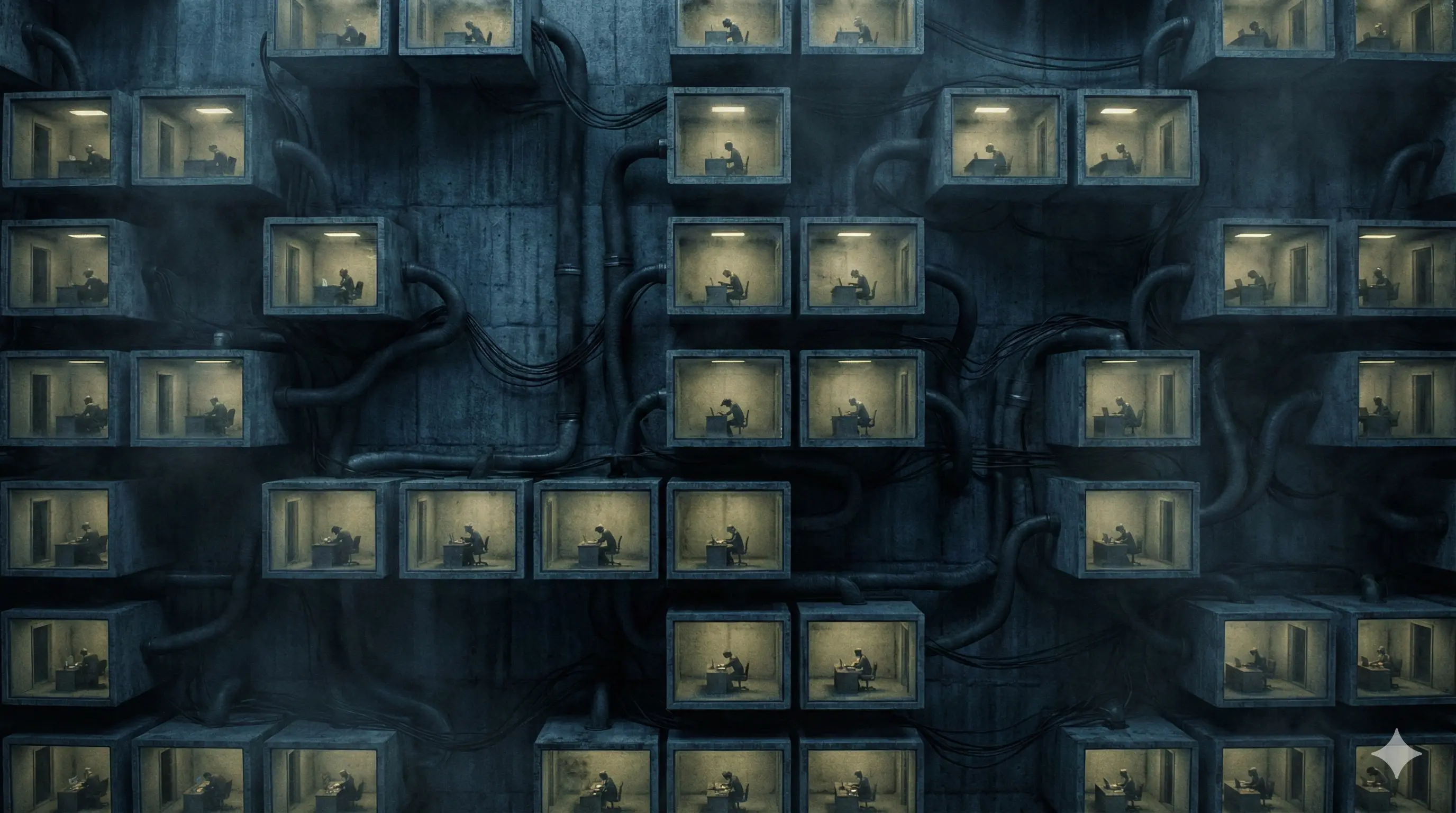 Иллюстрация: Разрез гигантского муравейника, где каждый муравей – это офисный работник в изолированной ячейке. Видны сложные, запутанные туннели коммуникаций, но нет прямого контакта. Нуарный стиль, холодные тона.