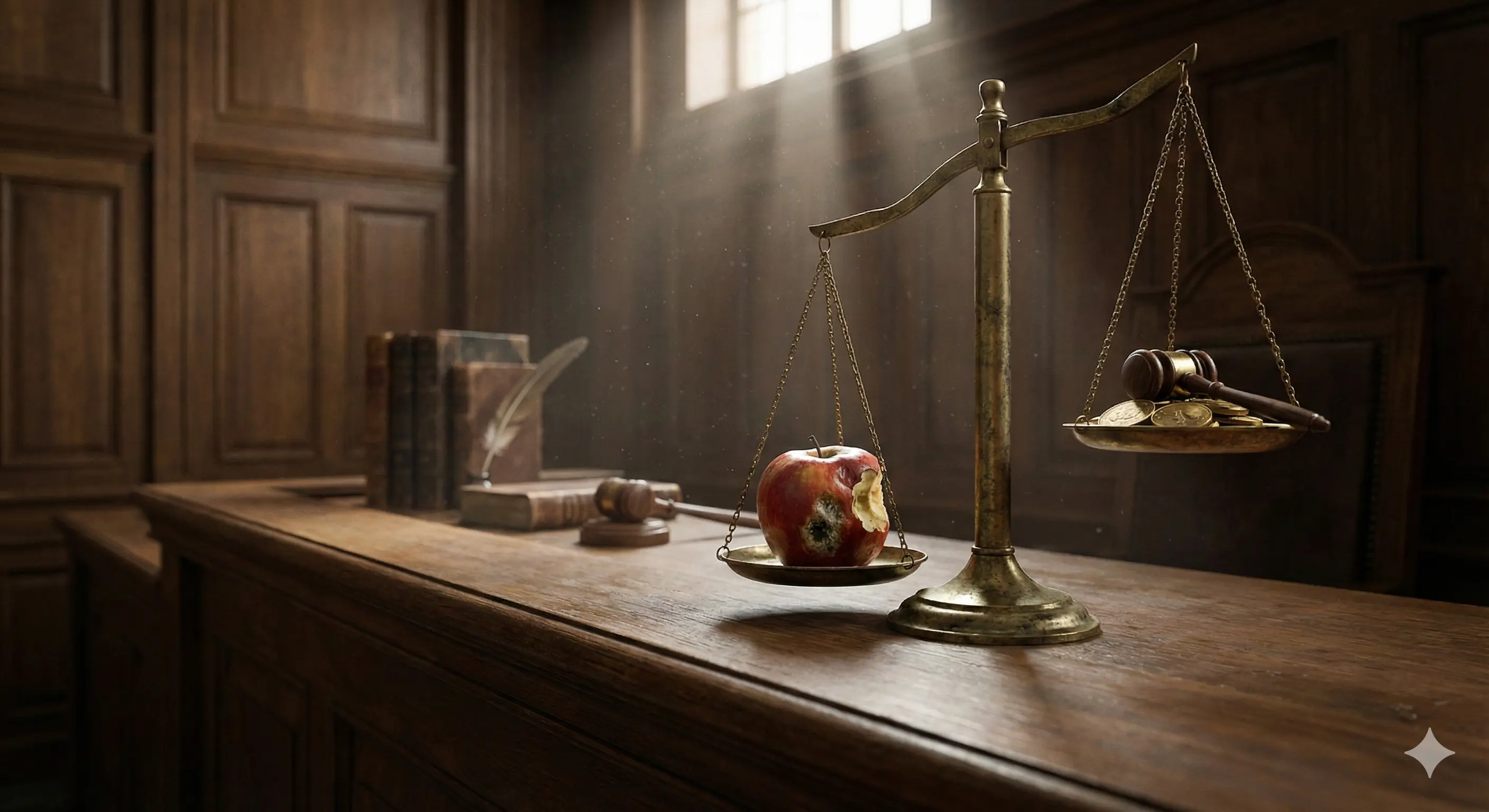 Иллюстрация: Крупный план старинных весов правосудия, стоящих на столе судьи. Одна чаша весов перевешивает другую не под тяжестью золота или улик, а под тяжестью надкусанного яблока. Освещение мрачное, драматичное.