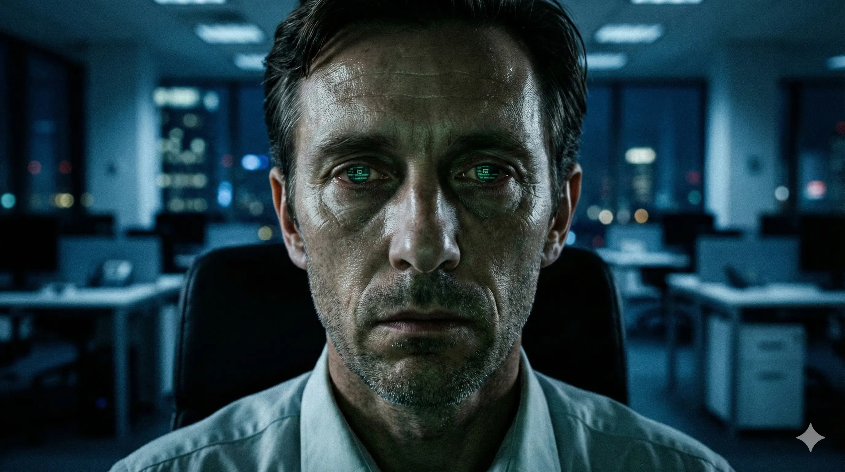 Крупный план лица менеджера в офисе, отражение в мониторе, глаза пустые, вокруг темный блюр. Стиль: Cinematic, Fight Club vibe