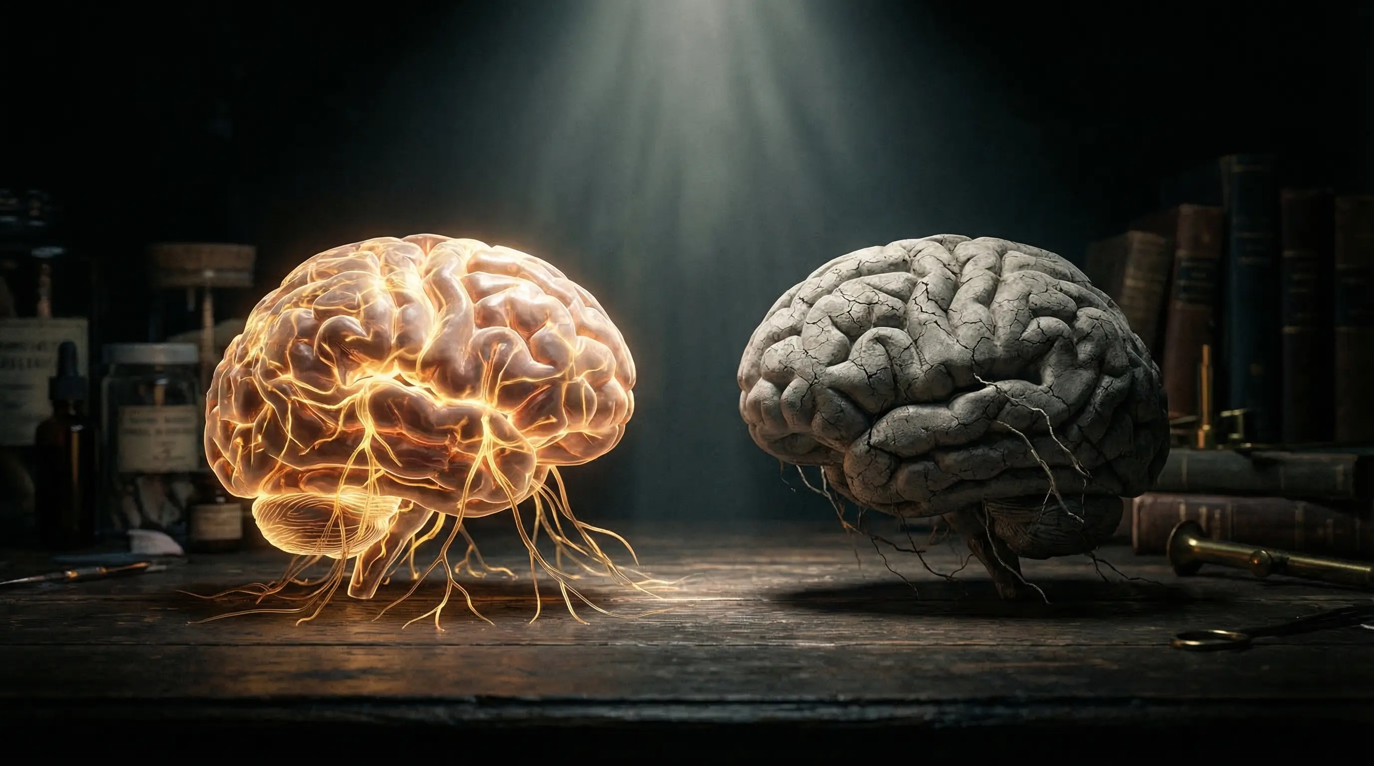 Схематичное изображение двух мозгов в разрезе: левый активный, с множеством ярких нейронных связей. Правый тусклый, с редкими угасающими связями. Между ними стрелка времени. Минималистичный стиль, тёмный фон, медицинская эстетика.
