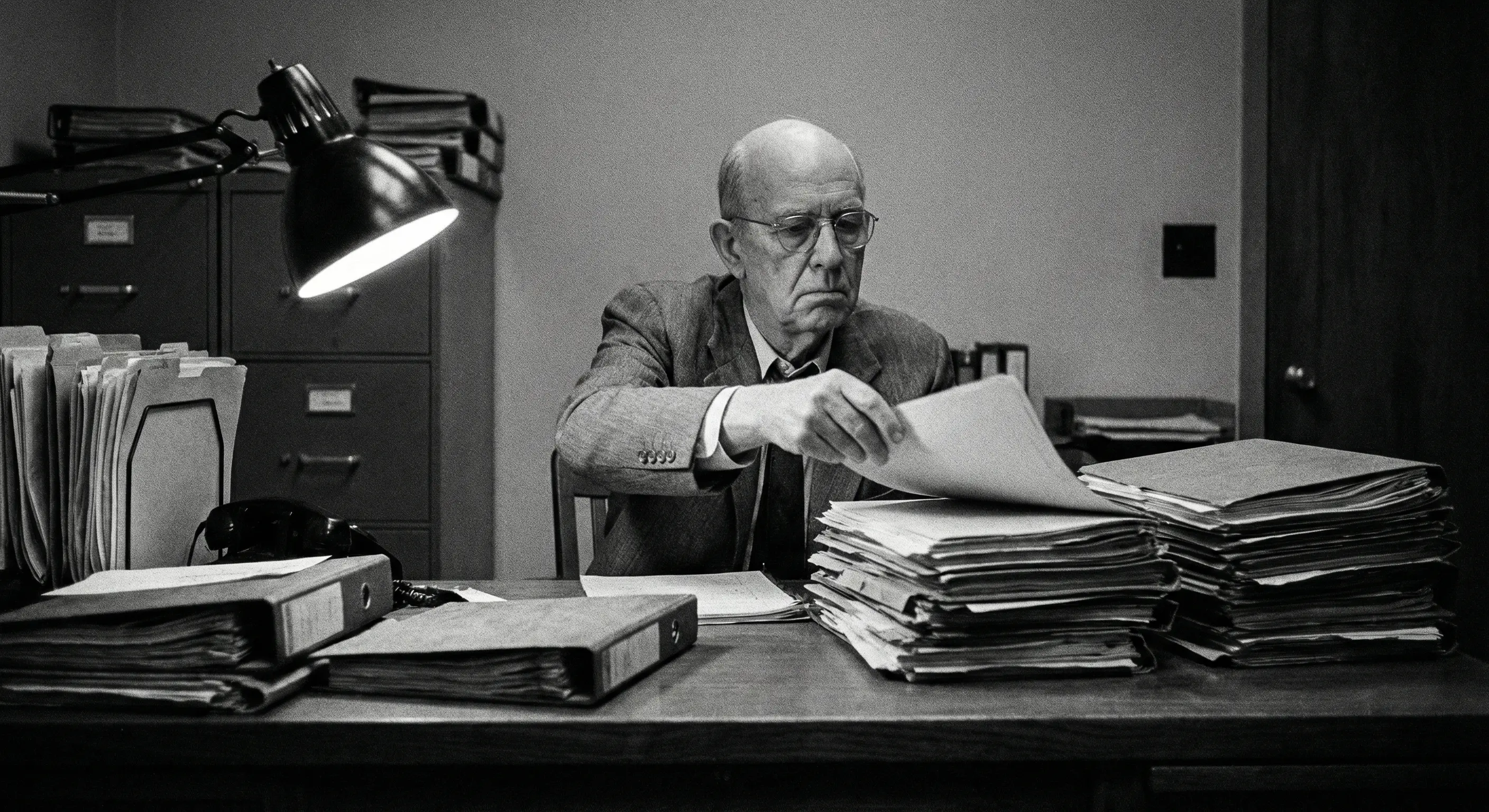 Старый чиновник механически перекладывает бумаги
