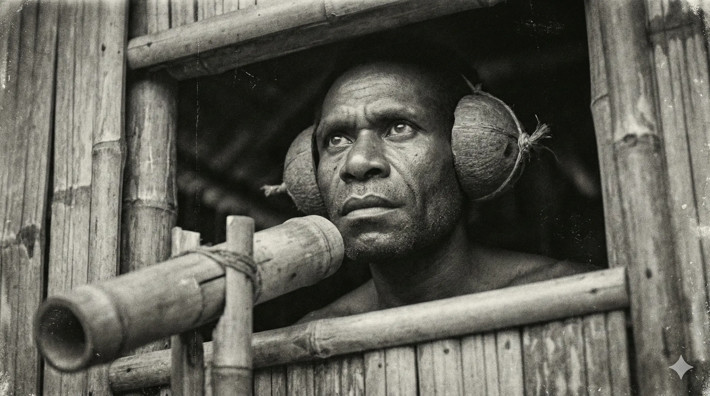 Архивное фото: туземец с кокосами-наушниками в бамбуковой вышке смотрит в небо. Стиль: National Geographic 50-х