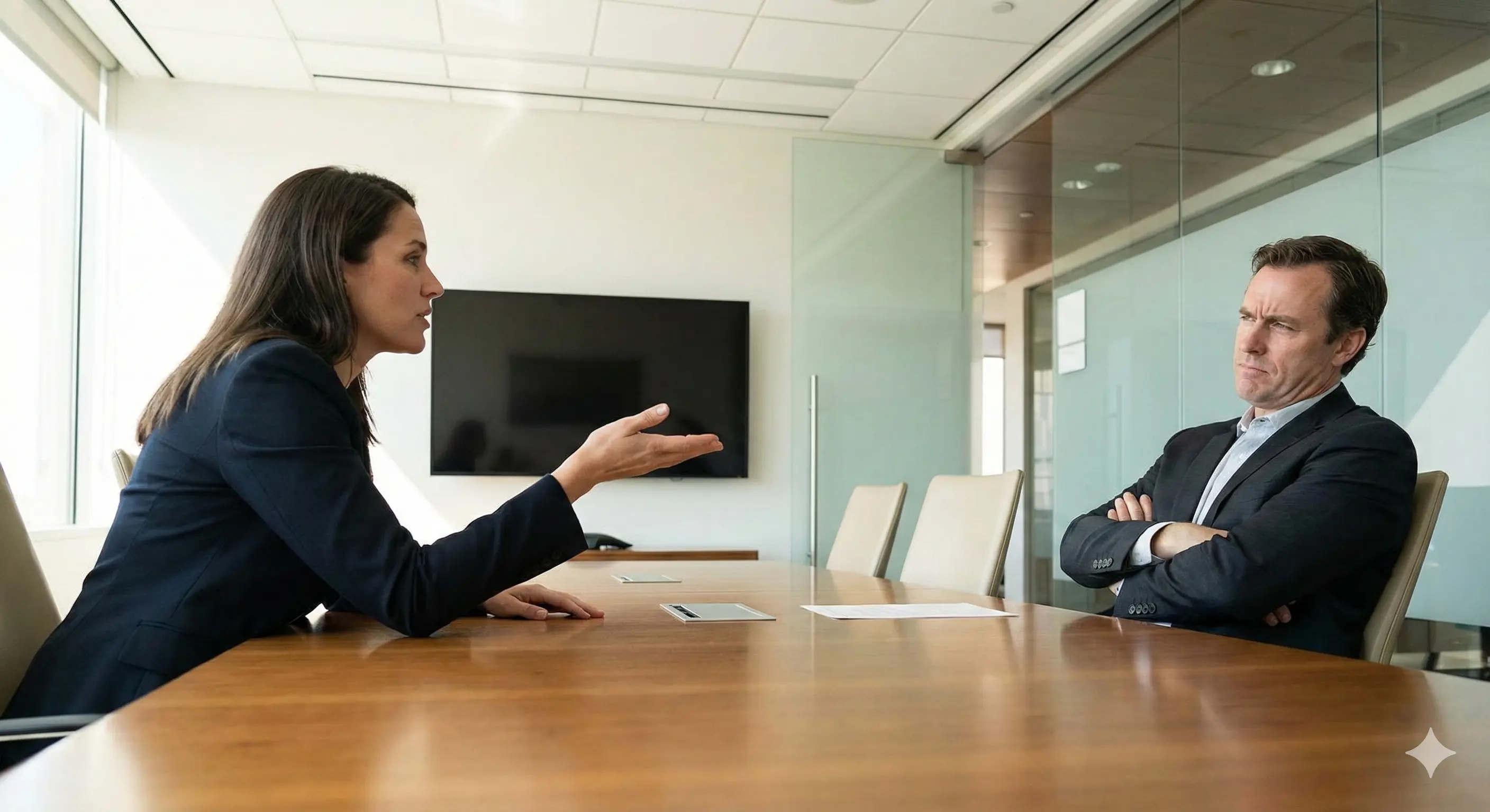 Иллюстрация: Двое людей за столом переговоров. Один говорит активно, а второй (клиент) скрестил руки на груди и слегка откинулся назад – поза закрытости.