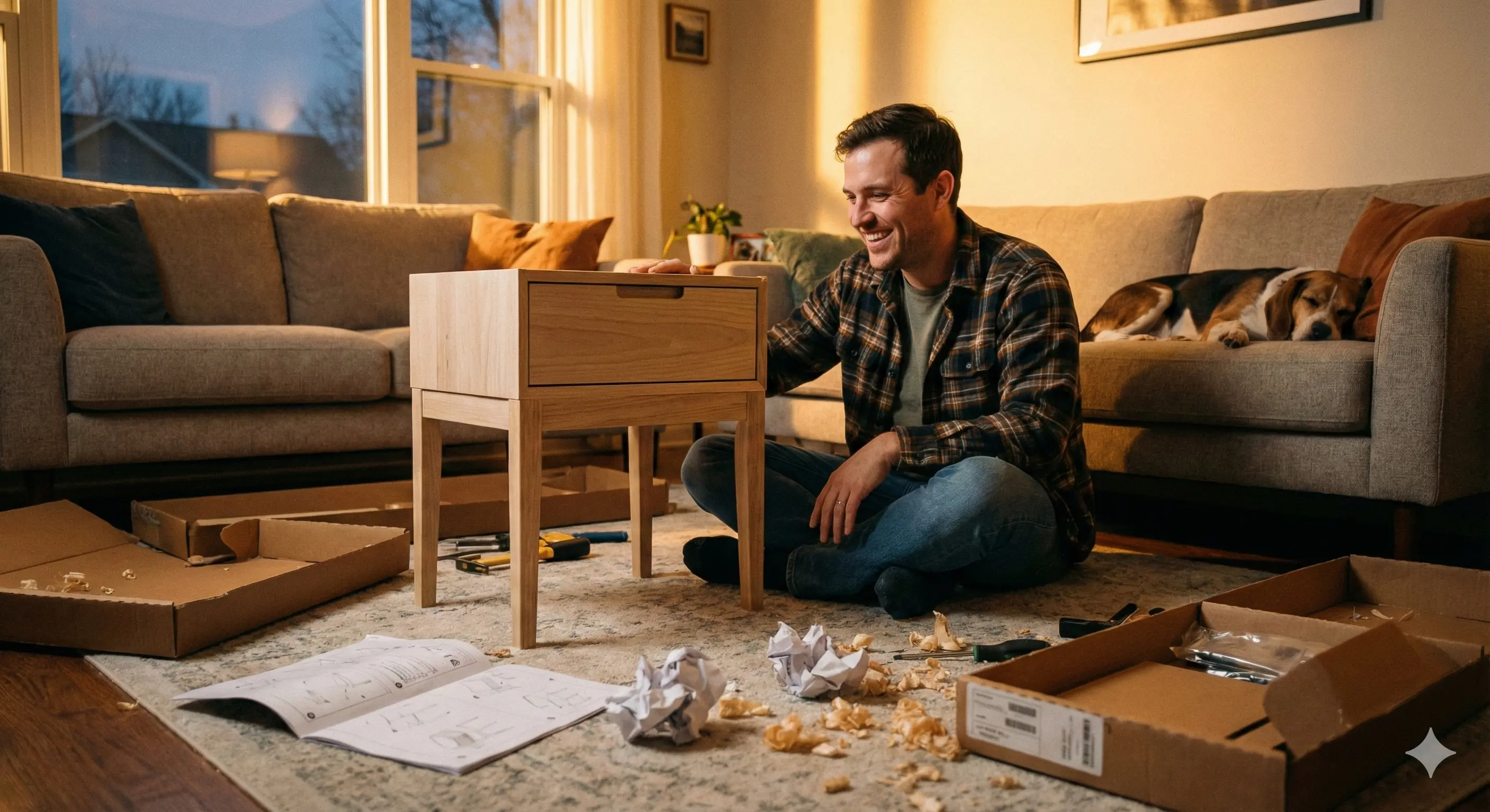 Иллюстрация: Радостный человек наконец-то собрал свою мебель.