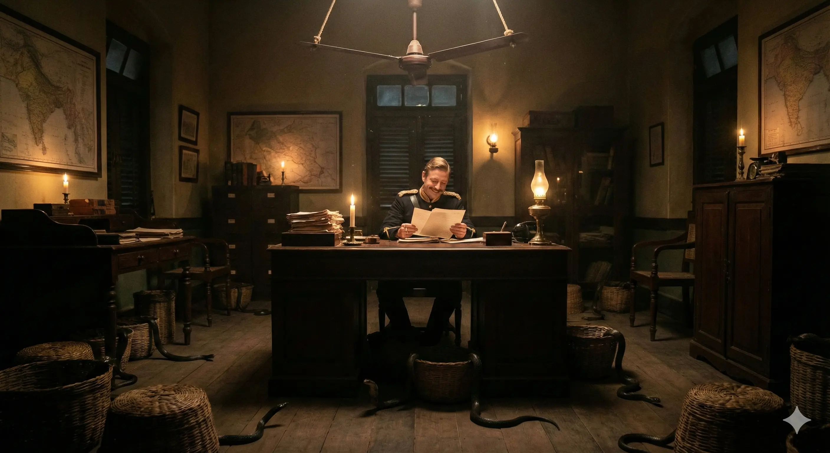 Иллюстрация: Колониальный кабинет британского чиновника в Индии. На столе лежат стопки монет и свернутая змеиная кожа. В тени под столом, незаметно для чиновника, сверкают глаза множества живых змей. Атмосфера скрытой угрозы.