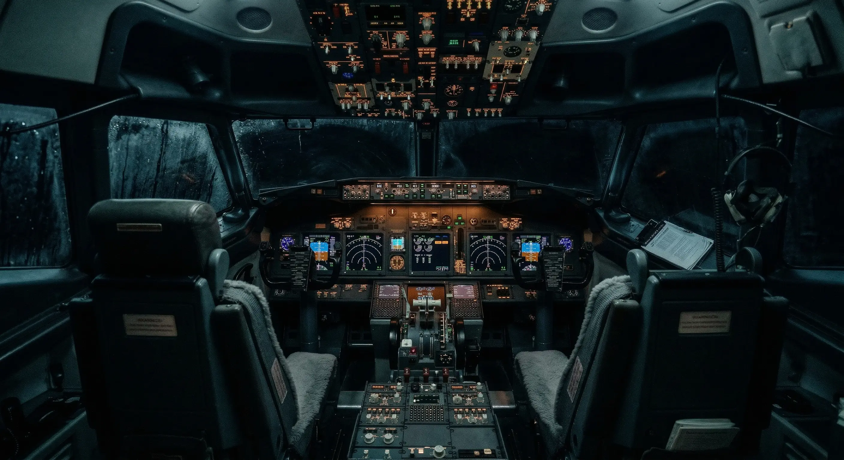 Пустая кабина пилотов ночью, приборная панель светится, за окном чернота и облака. Стиль: Cinematic Noir, холодные тона, зернистость пленки