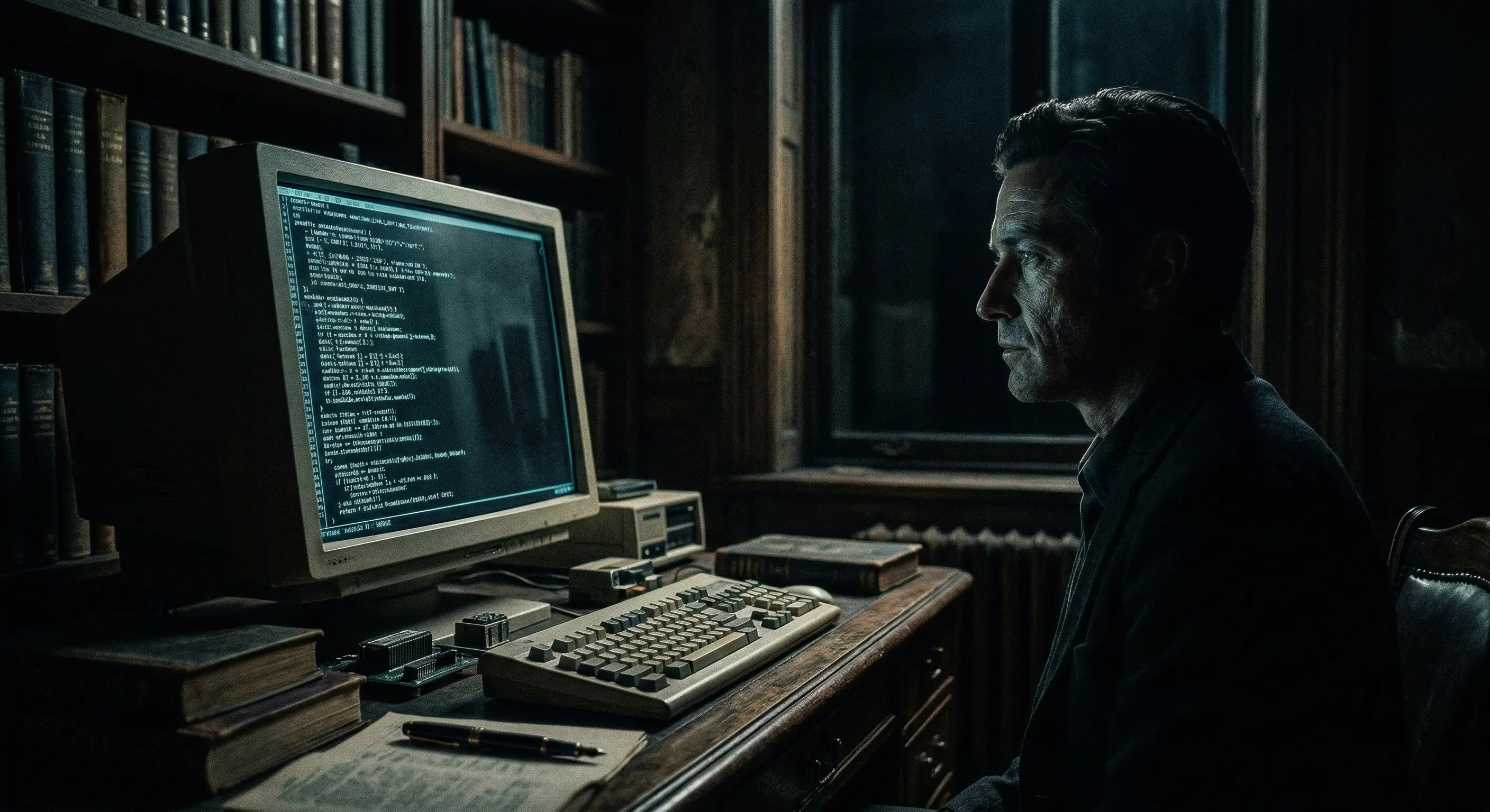 Человек сидит перед монитором с кодом, но смотрит не на код, а куда-то в пустоту. Отражение в мониторе — пустота. Стиль: Dark Academic, холодный свет, зернистость