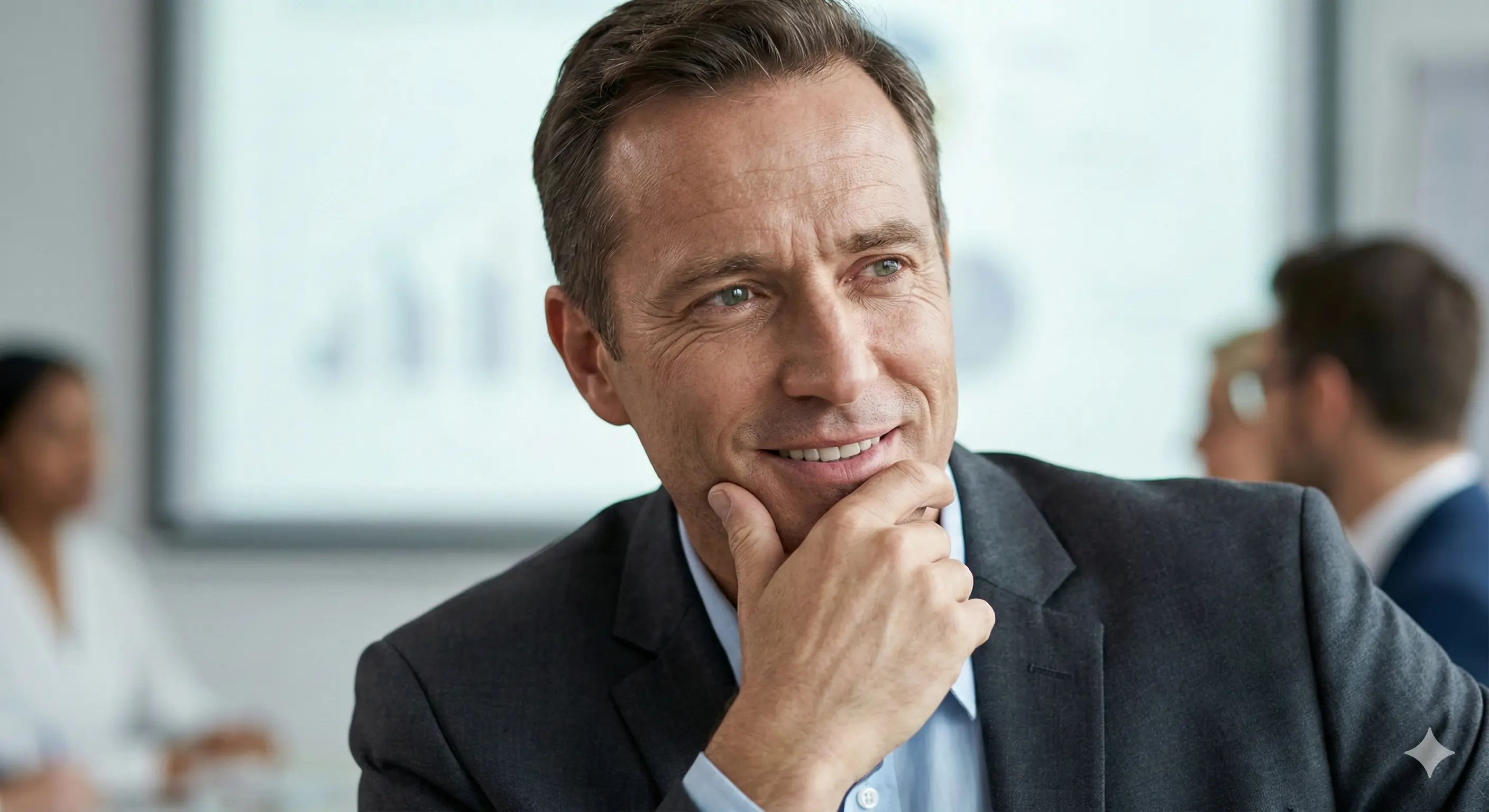 Иллюстрация: Два человека за столом. Один увлеченно рисует сложную схему в воздухе, а второй смотрит на него с абсолютным непониманием и легкой паникой.