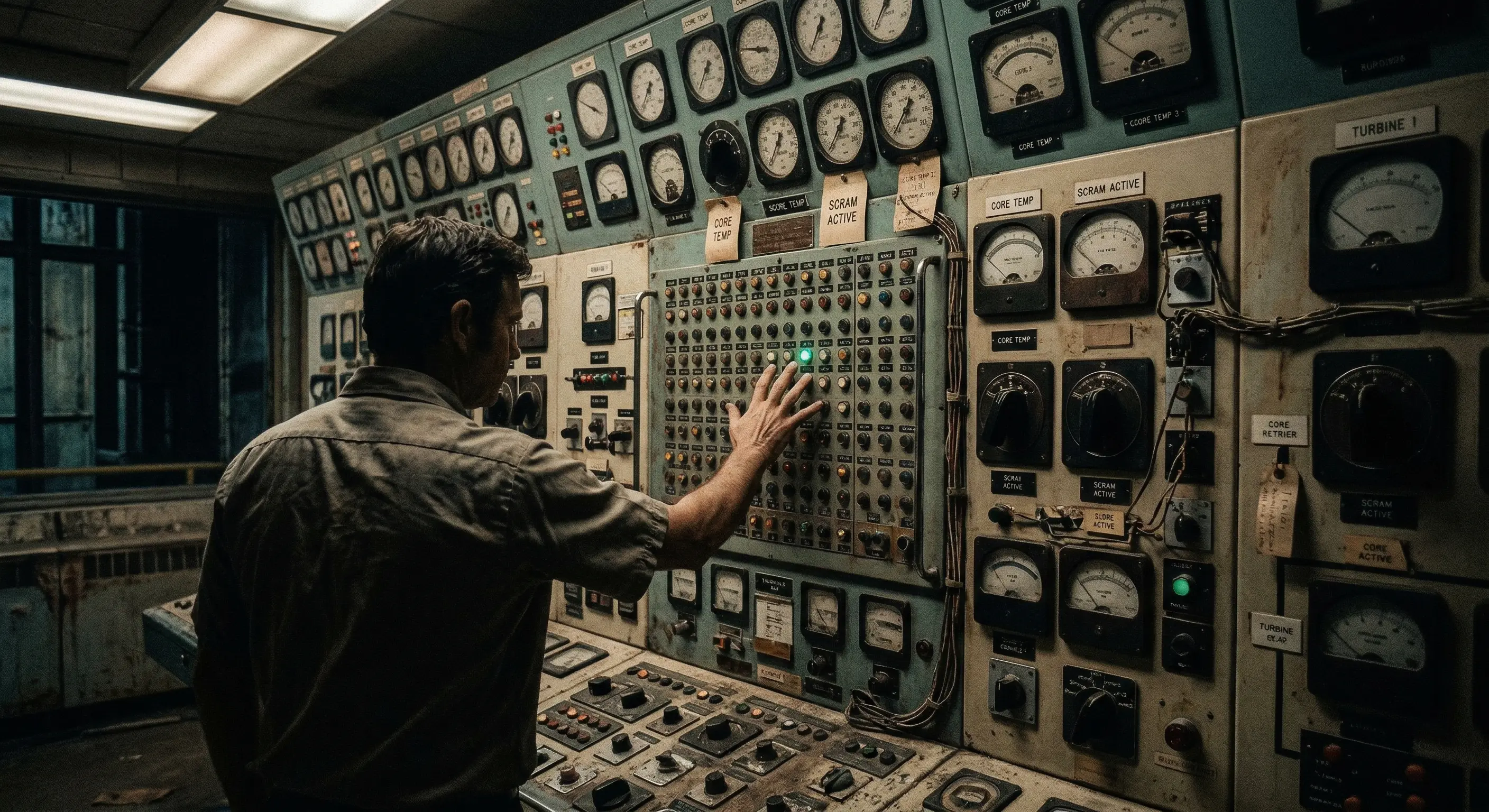 Старая панель управления электростанции, сотни индикаторов и переключателей. Один индикатор горит зеленым, хотя должен гореть красным. Стиль: Retro Industrial Noir, приглушенные цвета