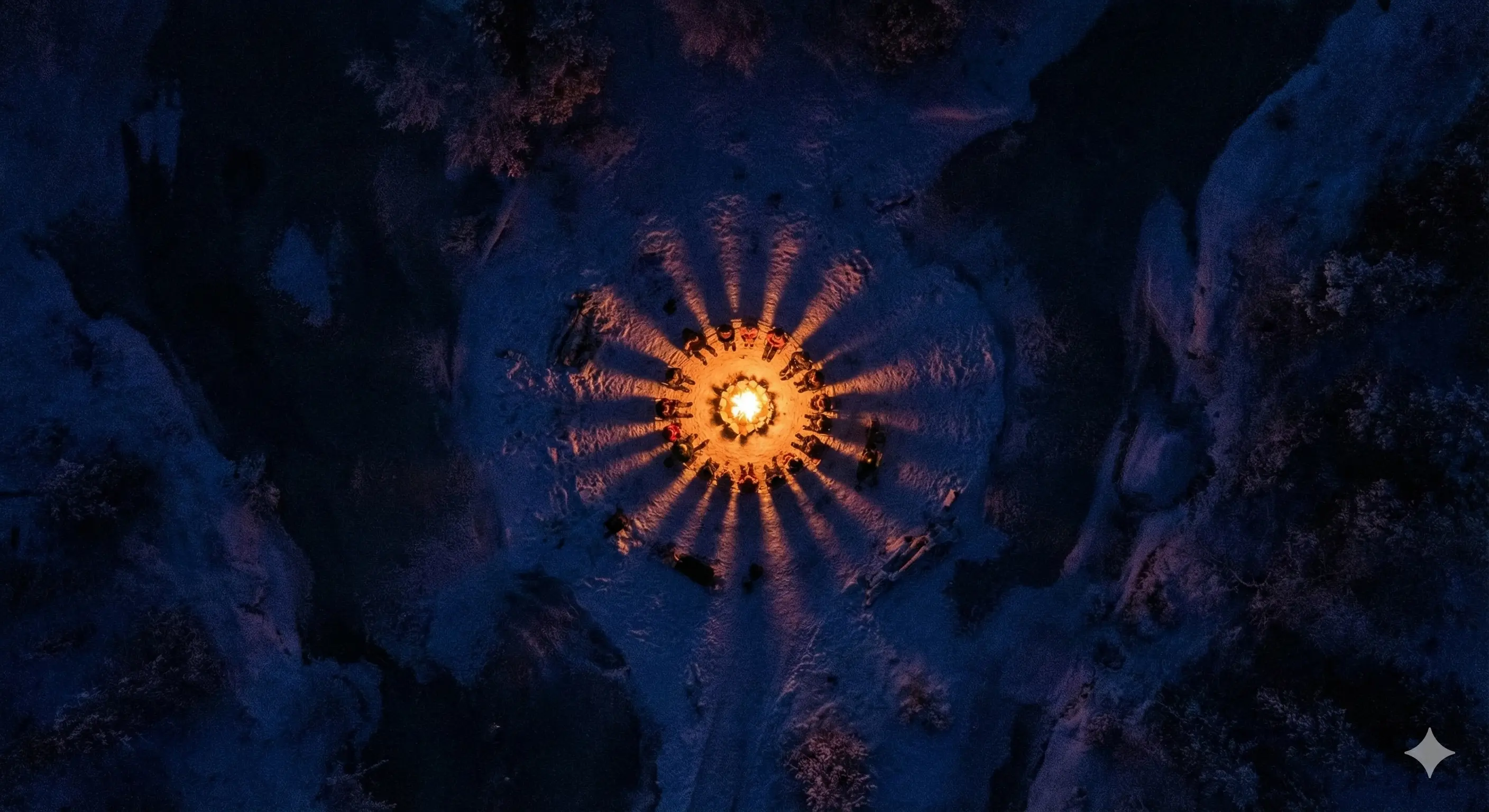 Иллюстрация: Вид сверху на ночной пейзаж. Огромная территория погружена в темноту и хаос (публичный веб), но кое-где видны маленькие, теплые, изолированные огоньки костров (приватные чаты).