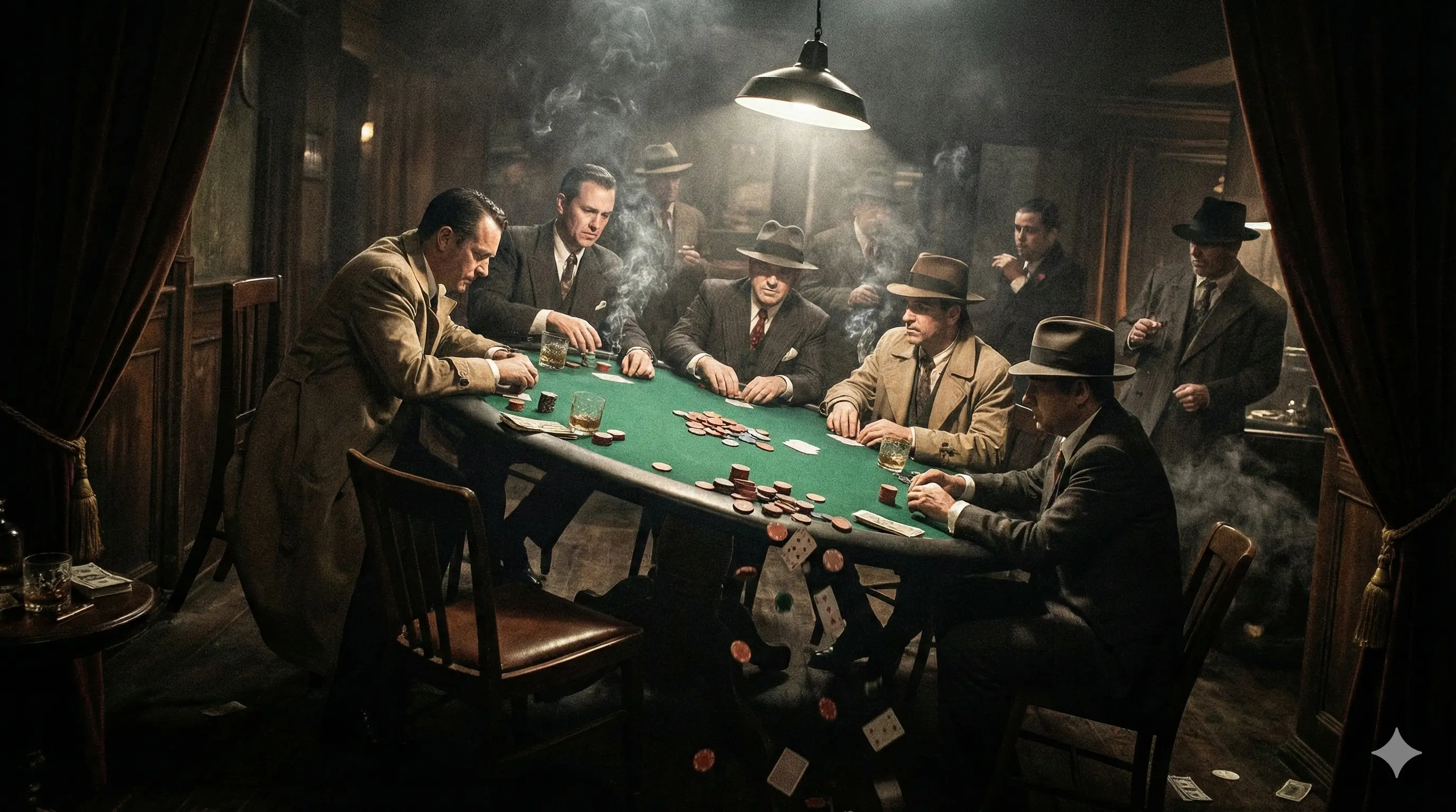Покерный стол в дымном зале. Стол явно перекошен. Игроки (менеджеры) в напряжении смотрят на карты, не замечая перекоса. На переднем плане фишки рассыпаются. Стиль: Noir, Dark Academia.