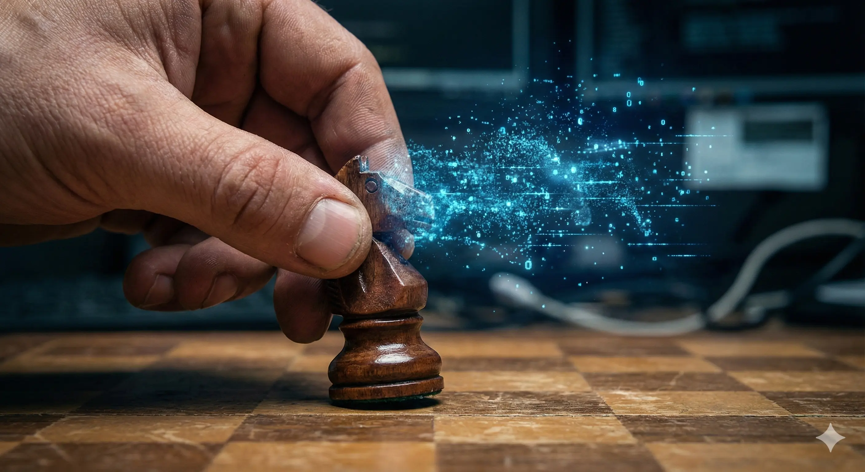 Иллюстрация: Рука человека делает ход шахматной фигурой, но сама фигура цифровая, светящаяся.
