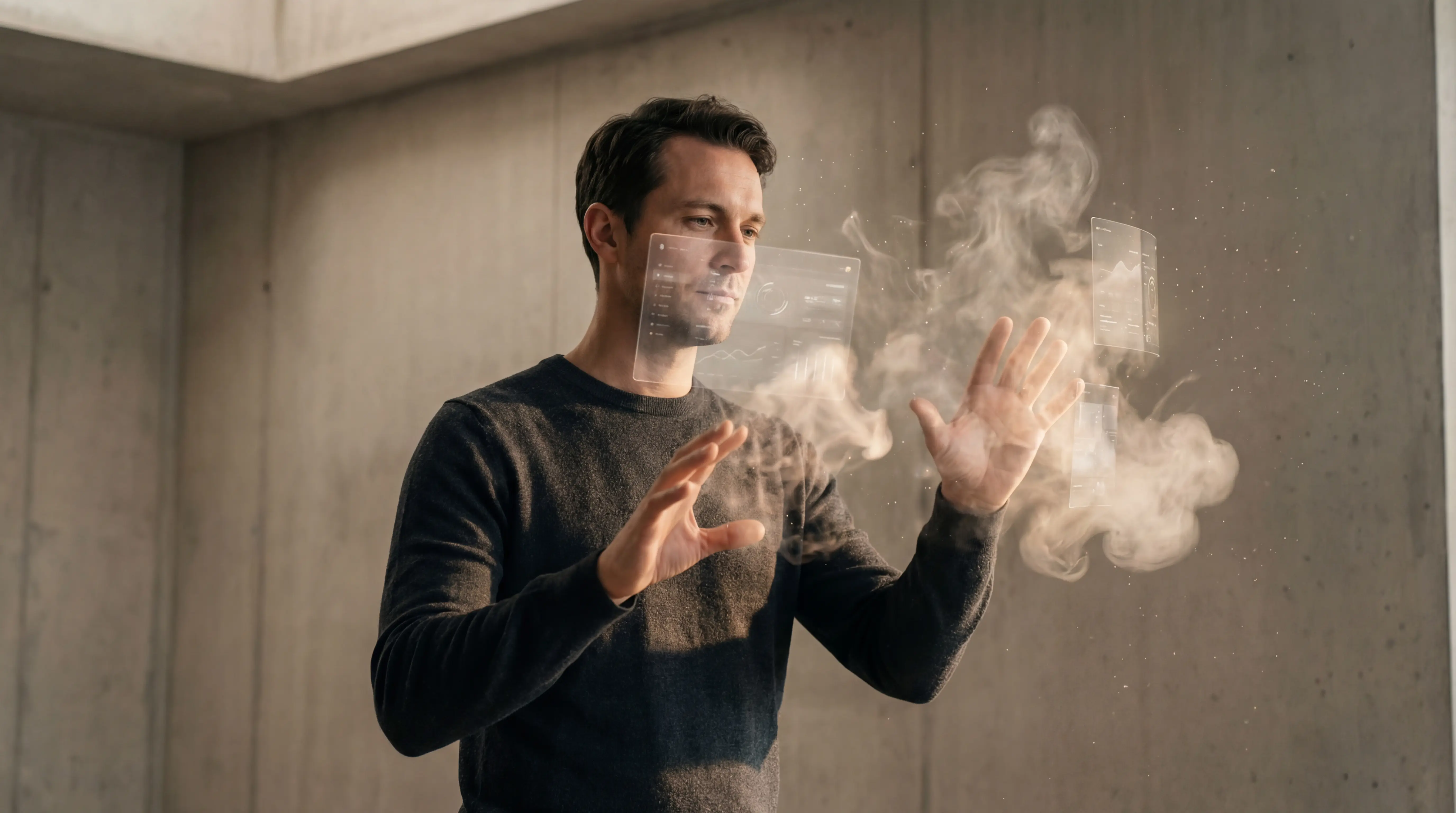 Иллюстрация: Силуэт человека, который управляет потоками данных жестами, интерфейс вокруг него растворяется в воздухе.