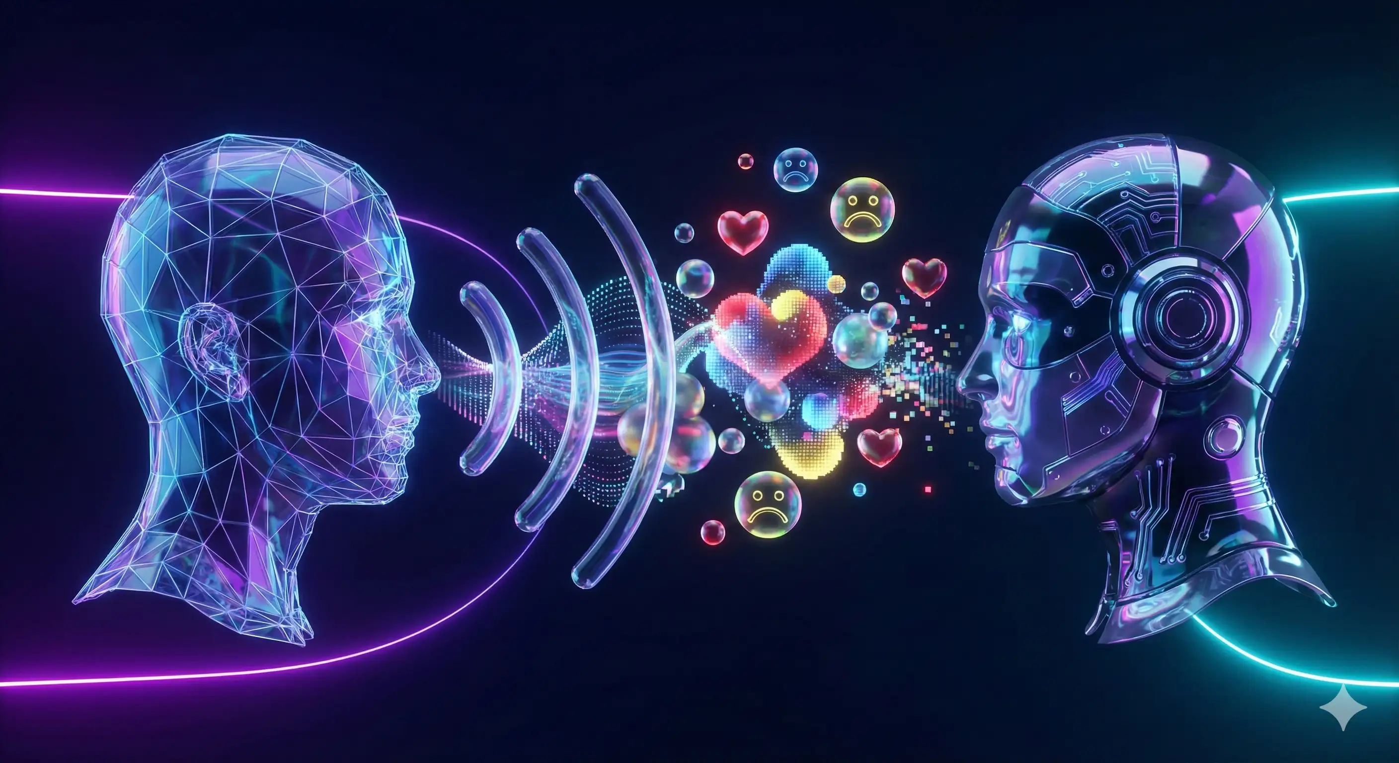 Иллюстрация: Визуализация головы человека и робота, между которыми проходят волны разных цветов, символизирующие эмоции.