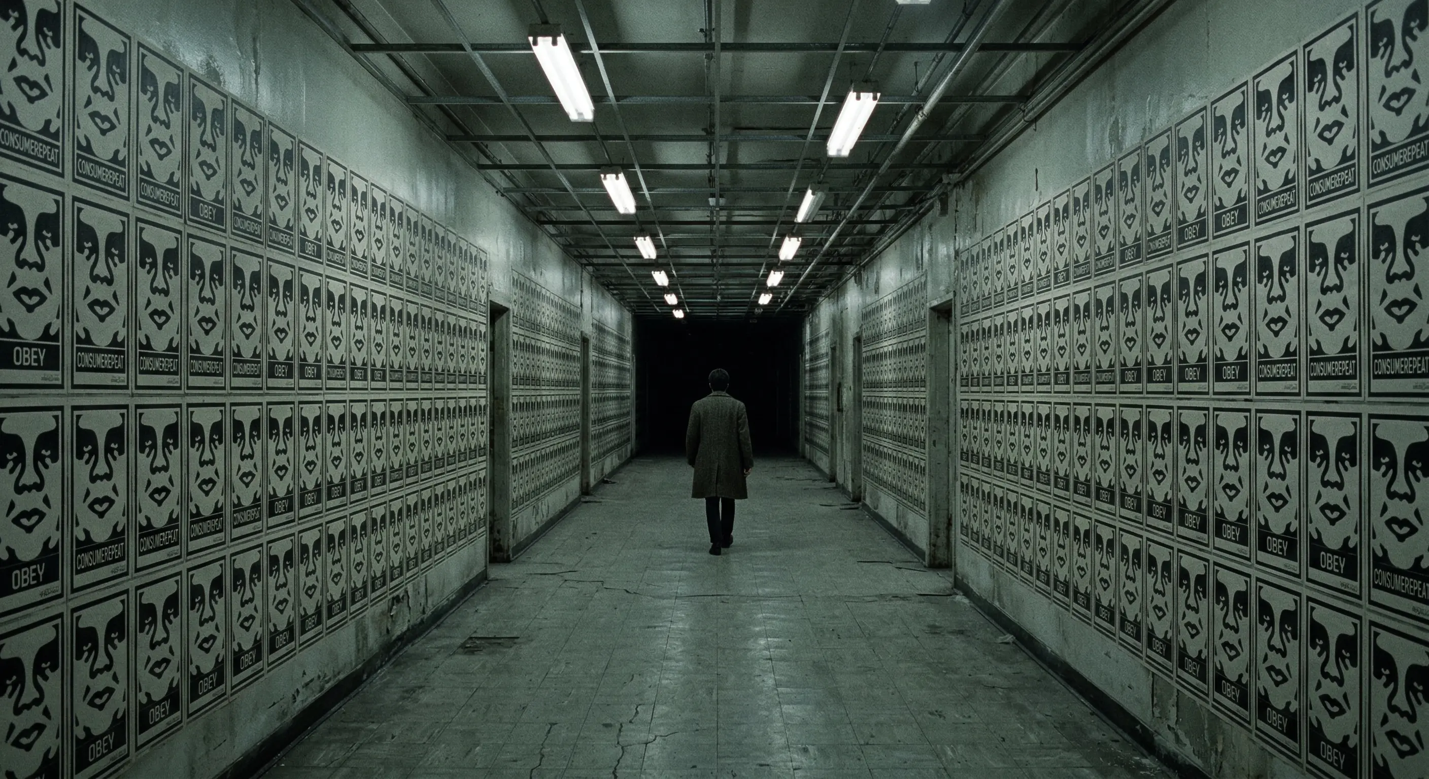 Бесконечный коридор с одинаковыми рекламными постерами на стенах, уходящий в темноту. Человек идет по коридору, силуэт со спины. Стиль: Dark Academia, приглушенный свет, зернистость