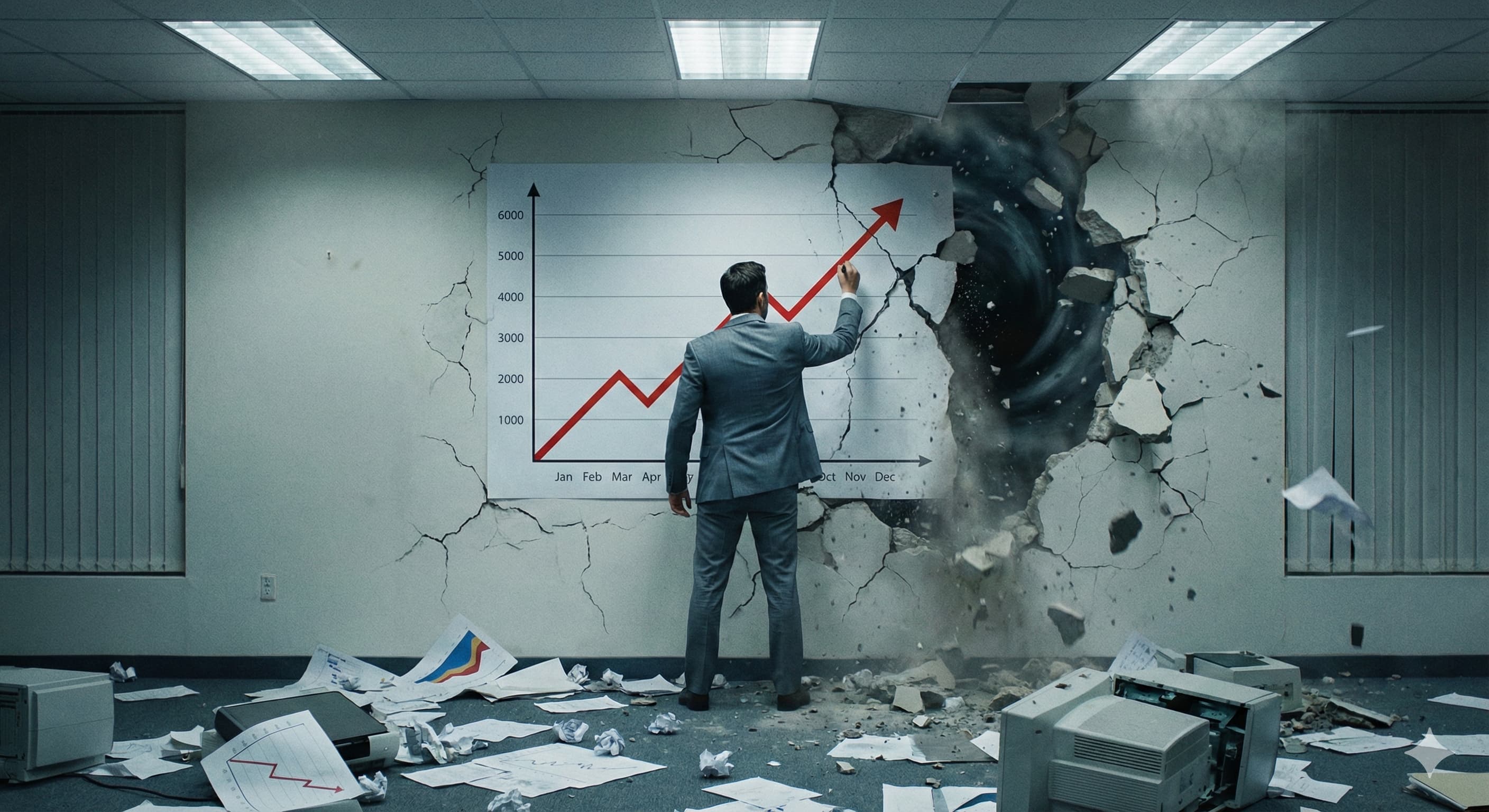 Иллюстрация: Офисный работник стоит у доски с графиком, который резко идет вверх. Однако если присмотреться, линия графика нарисована поверх трещин в стене, а само здание офиса выглядит ветхим и готовым рухнуть. Метафора ложного роста.