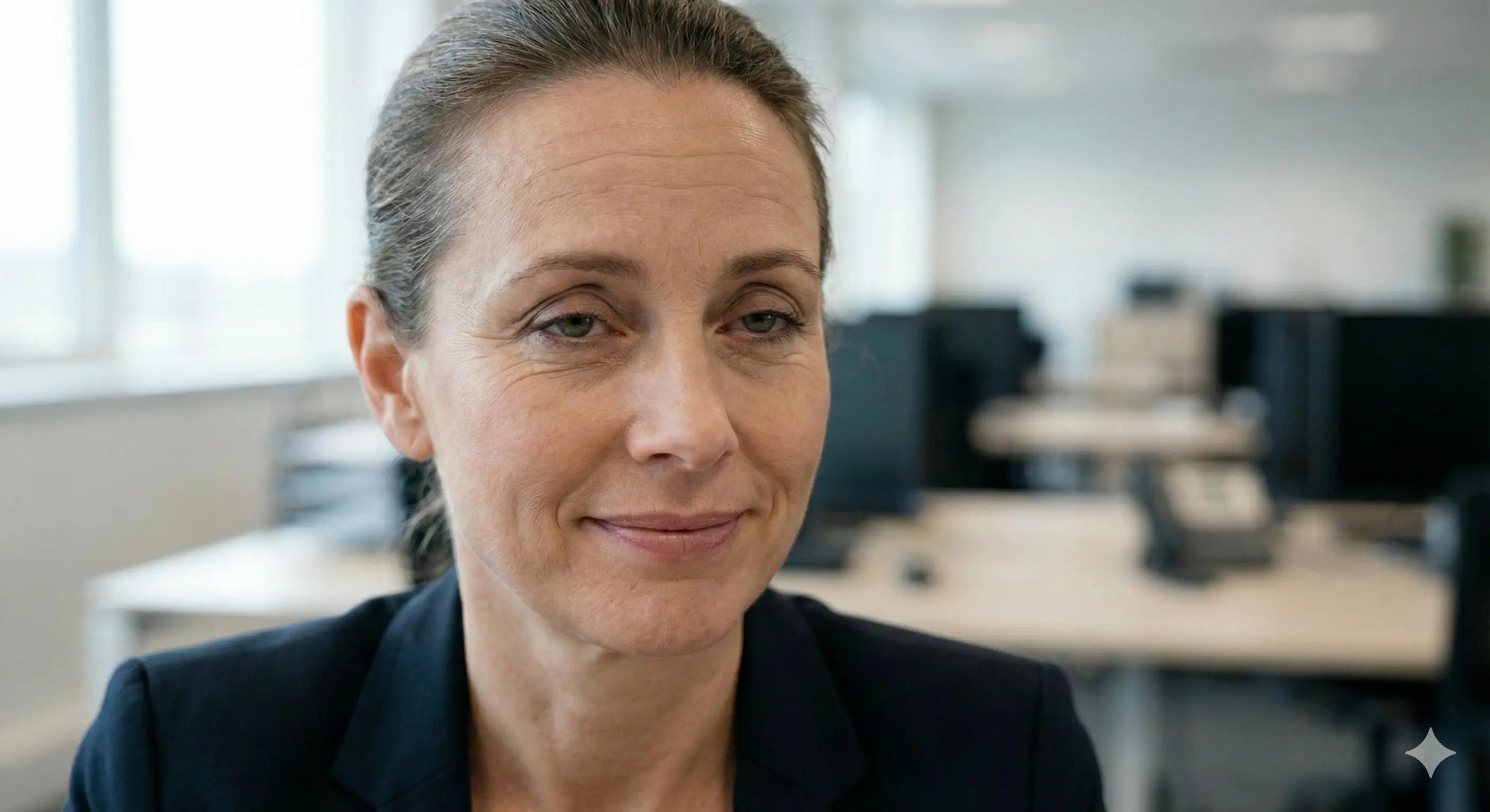 Иллюстрация: Крупный план лица мужчины, который фальшиво улыбается и кивает, но его глаза выглядят усталыми и отстраненными.