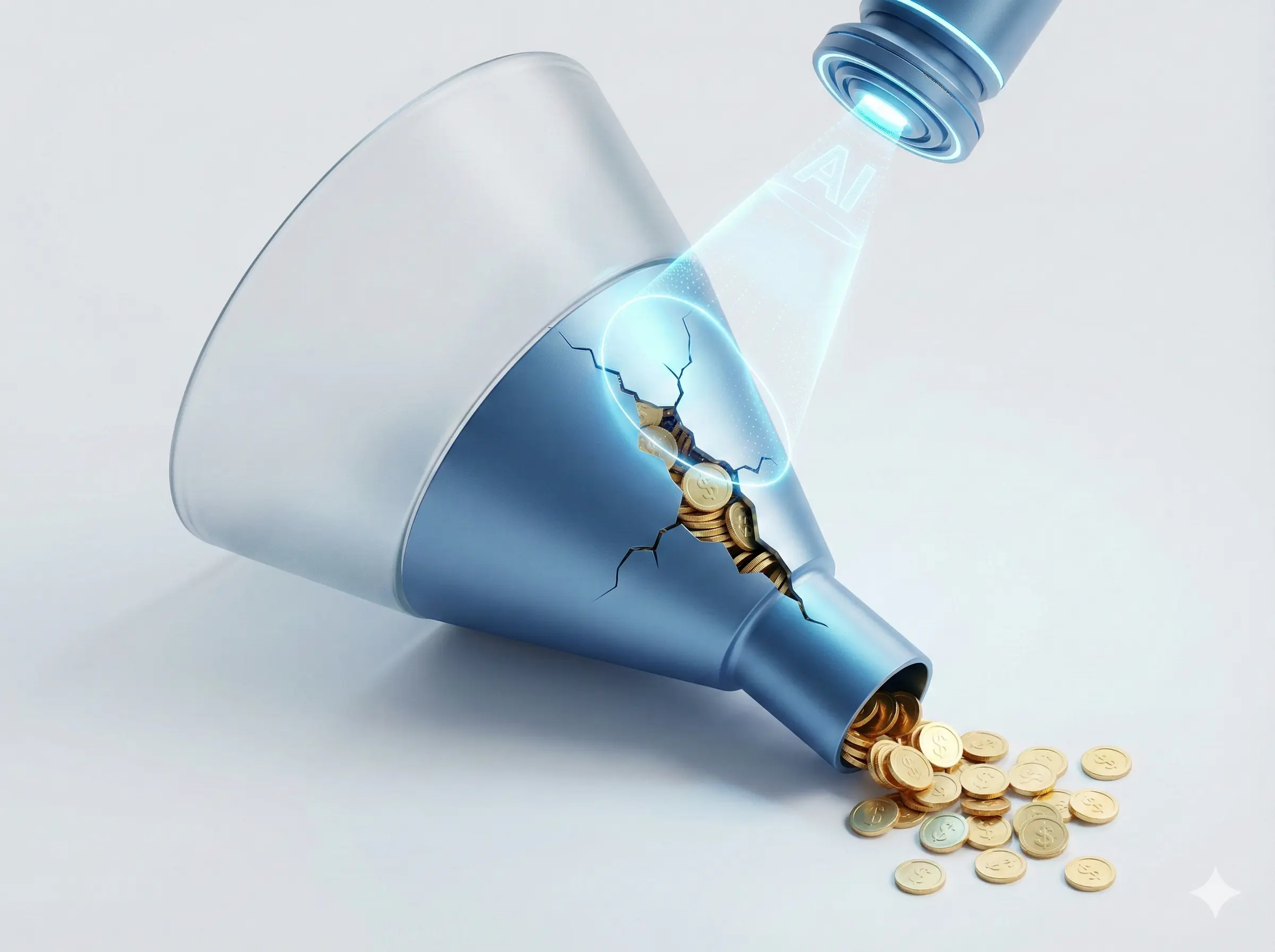 Иллюстрация: Схематичное изображение воронки продаж, где из дыр вытекают деньги в виде монет, а ИИ-сканер их подсвечивает