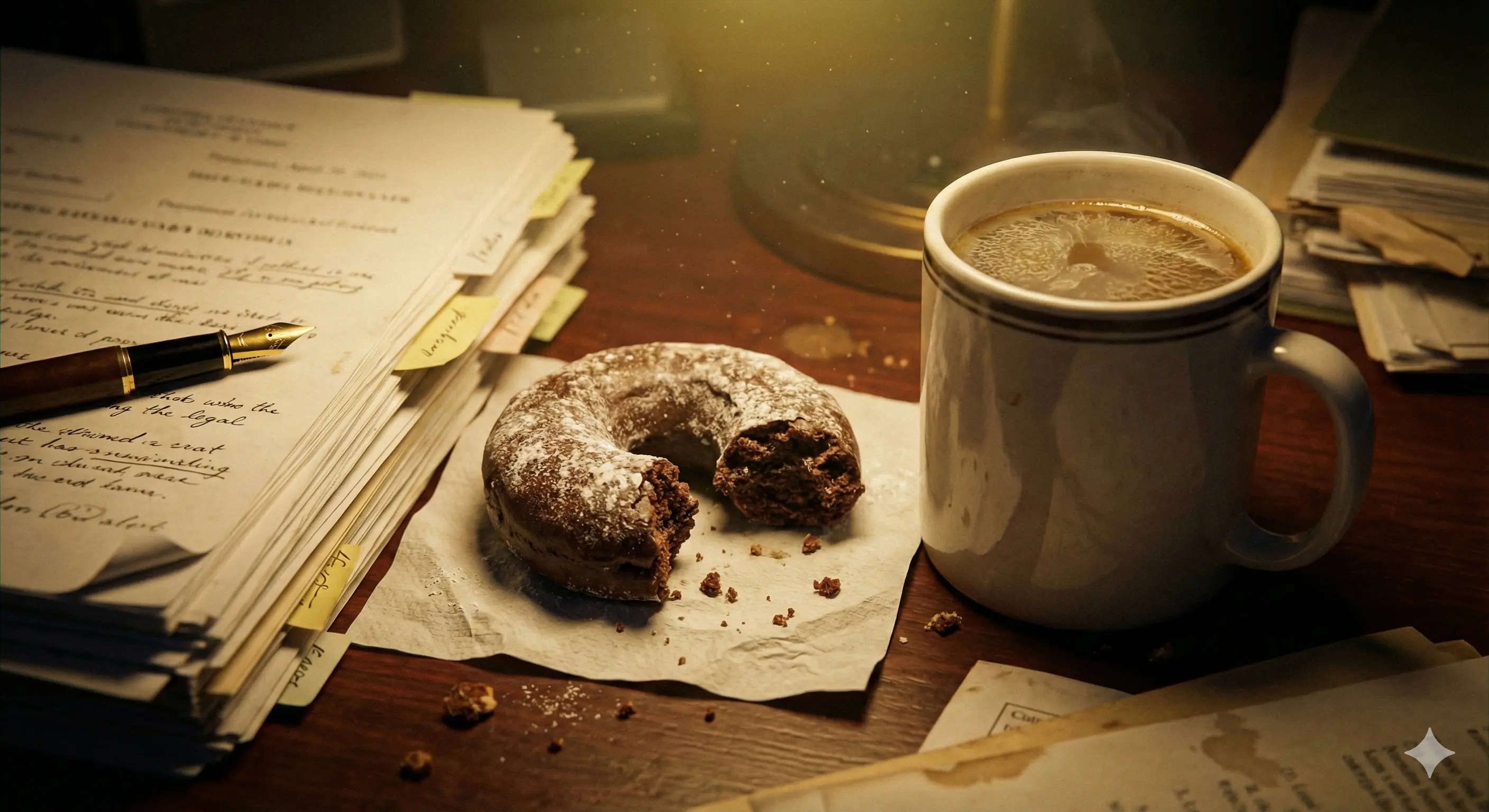 Иллюстрация: Макросъемка рабочего стола поздно вечером. Хаос из бумаг, забытая дорогая ручка и недоеденный шоколадный пончик рядом с чашкой остывшего кофе. Ощущение липкой усталости и низкого уровня энергии.