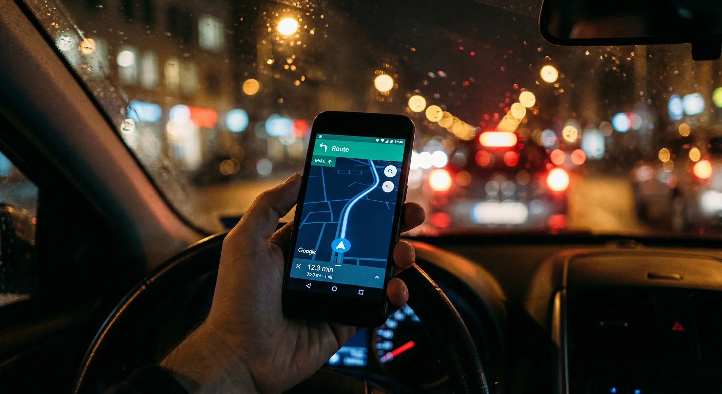 Рука со смартфоном, на экране — GPS. За окном ночной город.