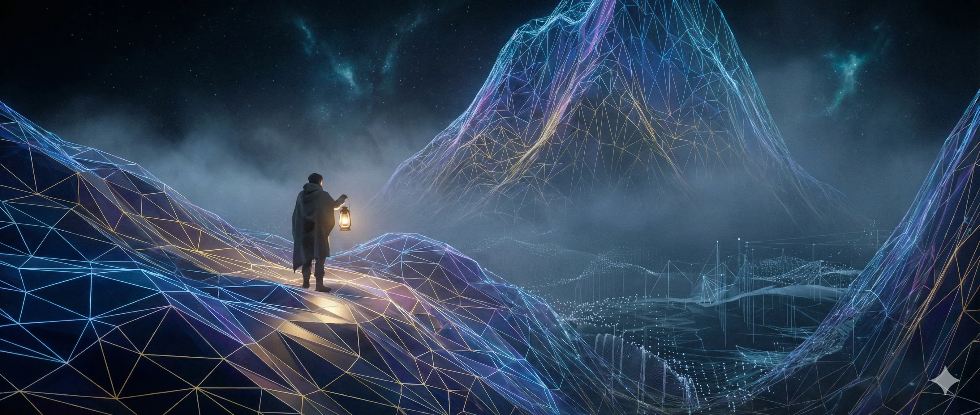 Иллюстрация: Одинокая фигура человека стоит на склоне огромной, туманной цифровой горы. Гора состоит из полигонов и светящихся линий сетки. Человек делает осторожный шаг вниз, освещая путь фонарем. Метафора поиска пути в неизвестности.