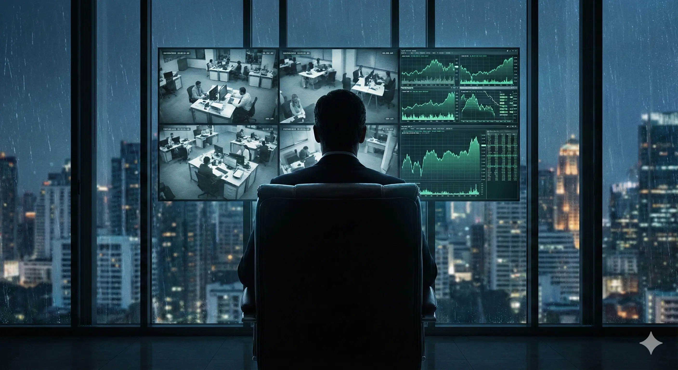 Современный кабинет руководителя, вид со спины. На экранах графики и видео с камер наблюдения. Атмосфера контроля и одиночества.