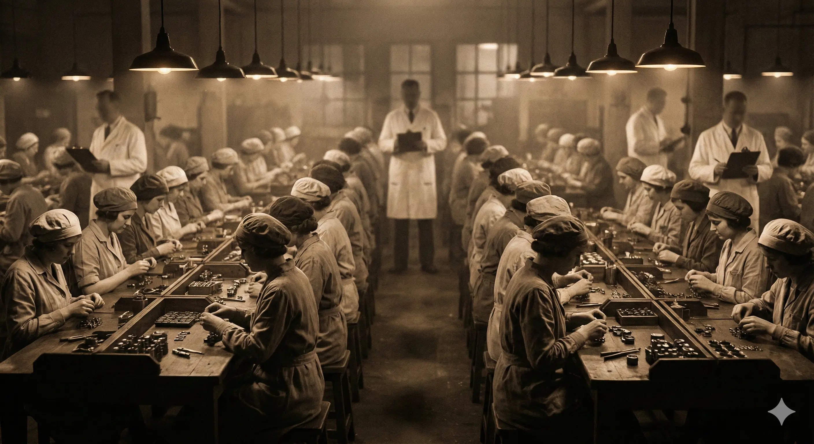 Огромный, мрачный заводской цех 1920-х годов. Бесконечные ряды рабочих столов, тусклый свет ламп накаливания, атмосфера индустриального муравейника. Стиль Sepia/Noir.
