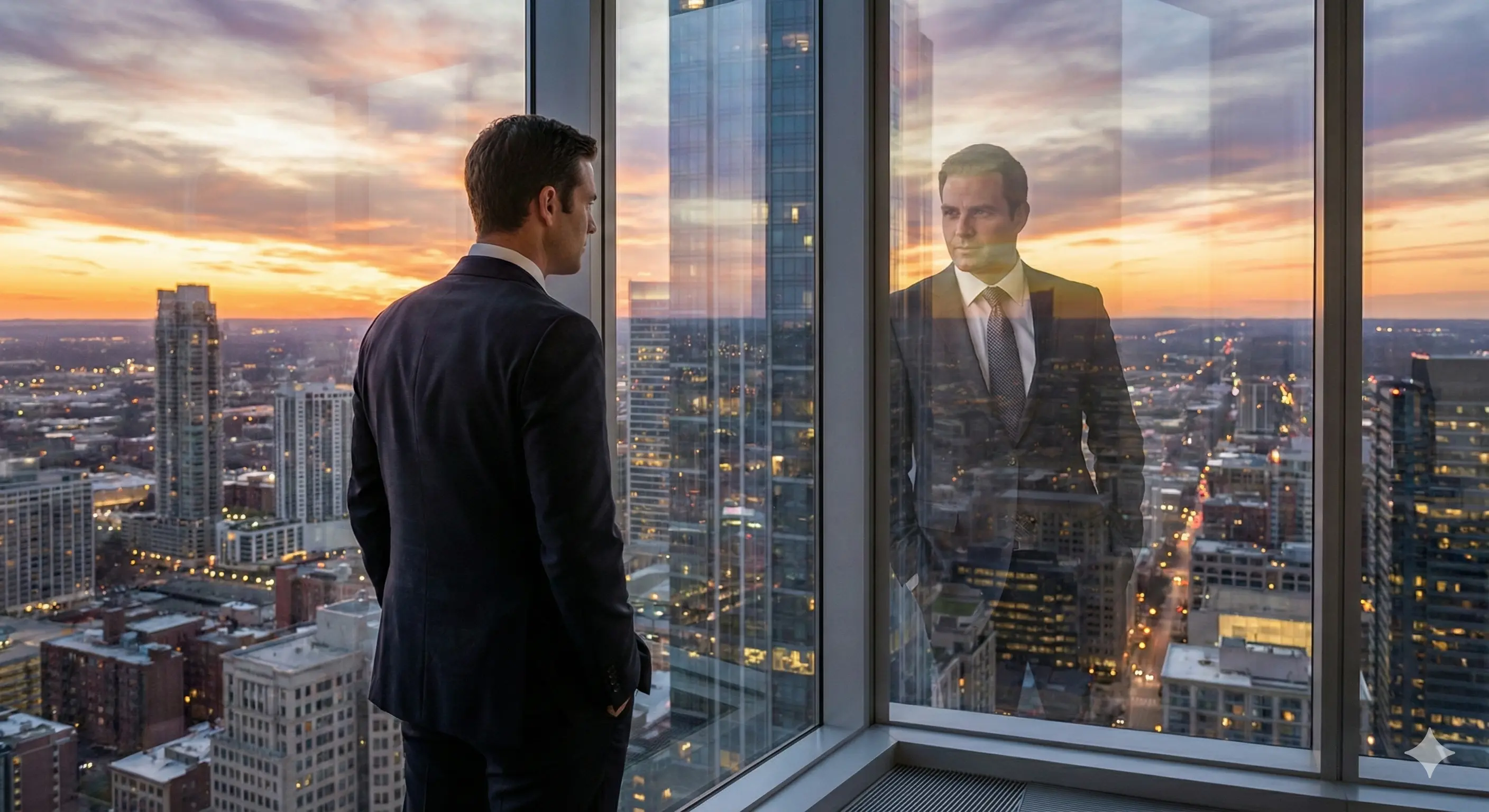 Иллюстрация: Отражение уверенного мужчины в окне небоскреба. Он смотрит на город внизу. Визуализация чувства силы и победы.