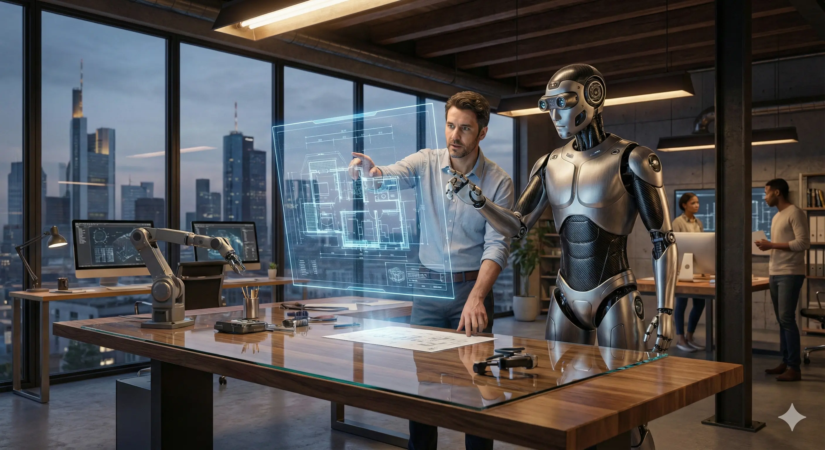 Иллюстрация: Футуристичный кадр. Человек в деловом костюме и андроид стоят плечом к плечу, глядя на огромный голографический экран с данными. Они партнеры, а не враги.