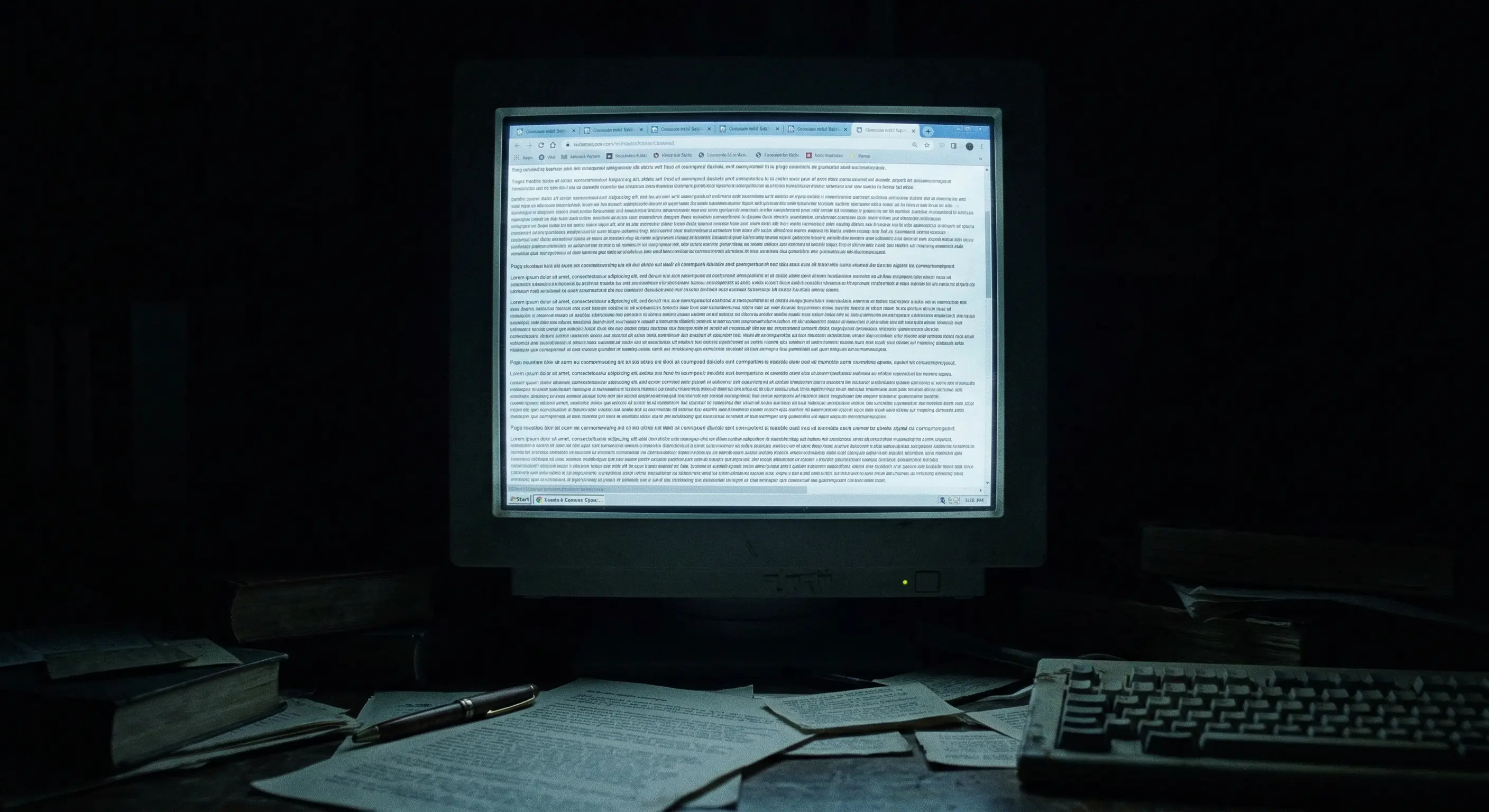 Экран компьютера, на нём открыто множество вкладок браузера, все показывают одинаковый текст. Свет от монитора в темной комнате. Стиль: Cinematic Noir, холодный свет, зернистость