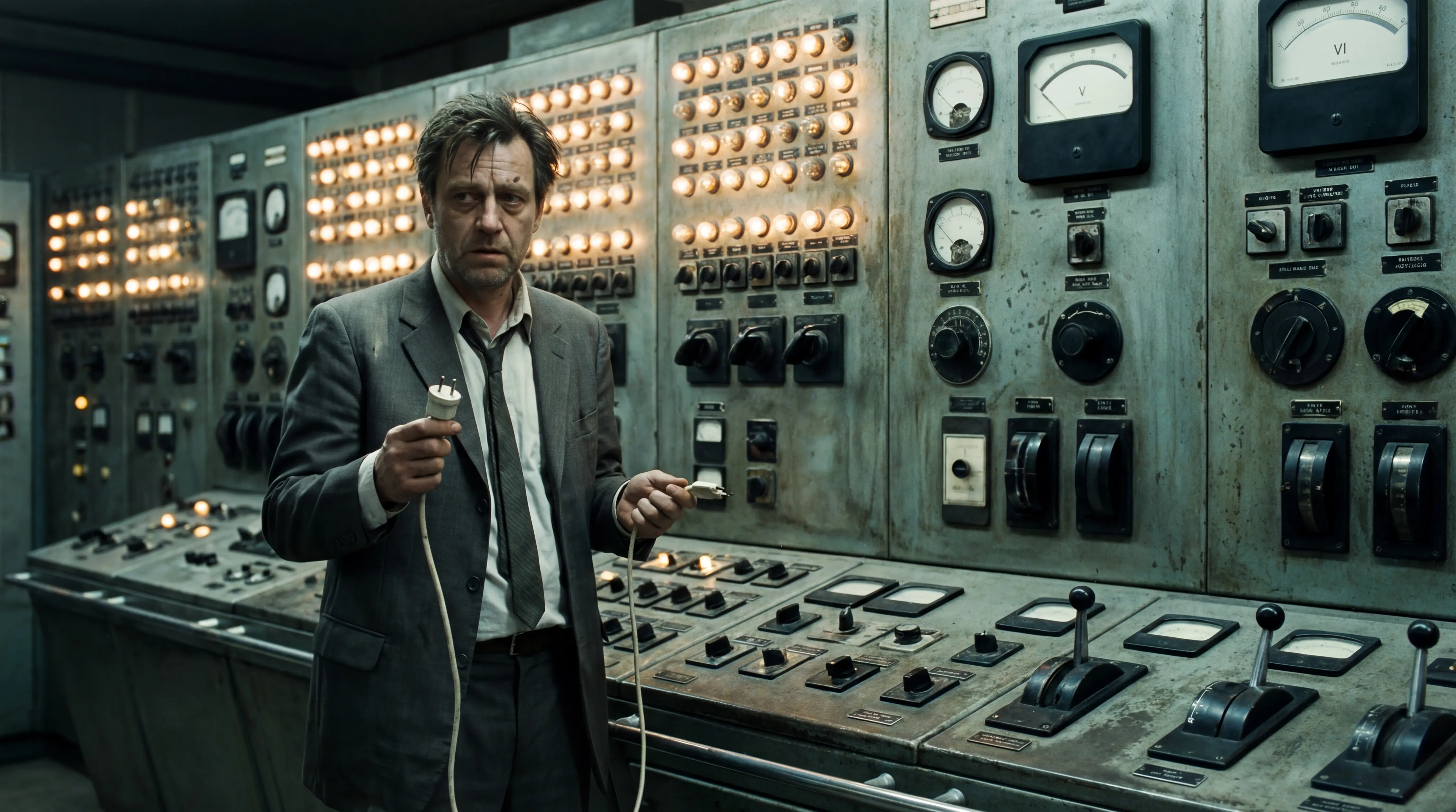 Иллюстрация: Огромная панель управления с кучей лампочек, а рядом стоит человек и просто держит вилку в розетке.