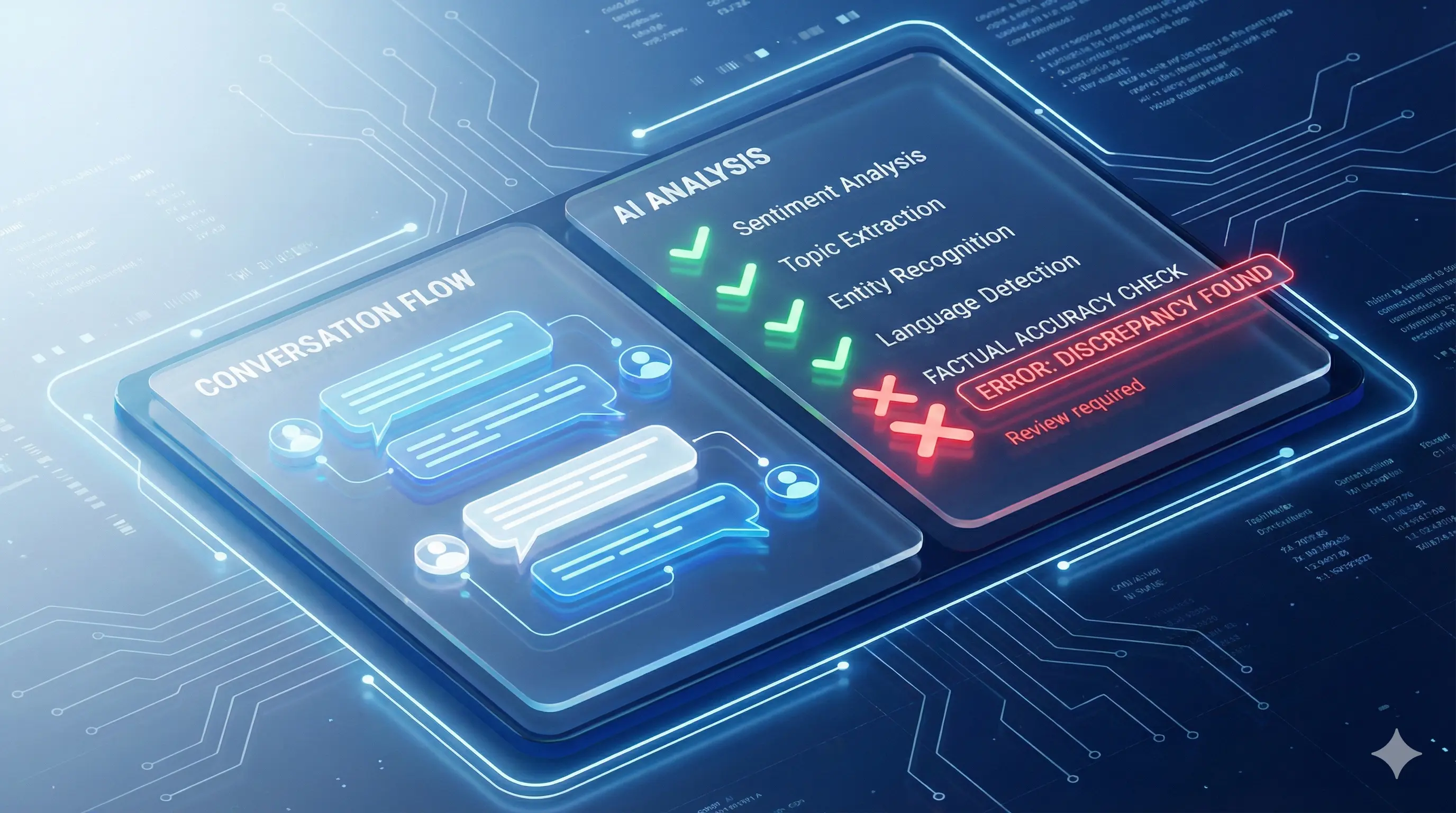 Иллюстрация: Скриншот интерфейса (можно схематичный), где виден текст диалога и боковая панель с оценками ИИ: 'Приветствие - ОК', 'Выявление потребностей - ПРОВАЛ'