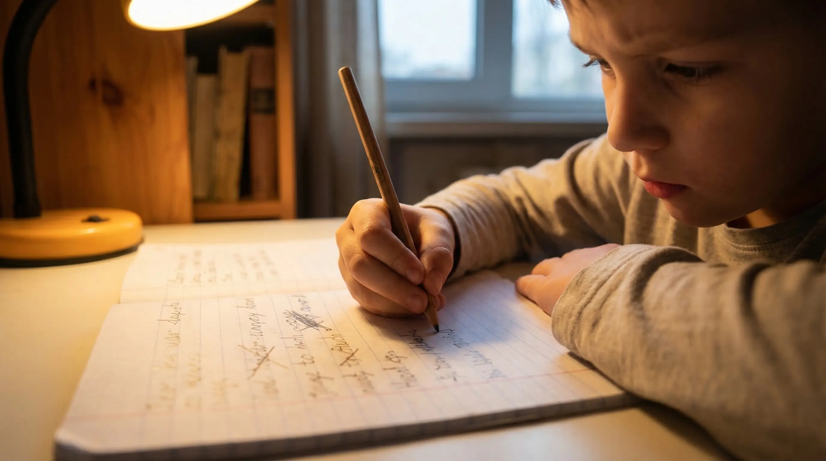 Ребёнок за столом пишет от руки в тетради, видно старание и концентрацию на лице. Тёплый свет настольной лампы, вечер. Атмосфера тишины и сосредоточенности. Кинематографичный стиль, тёплые тона.