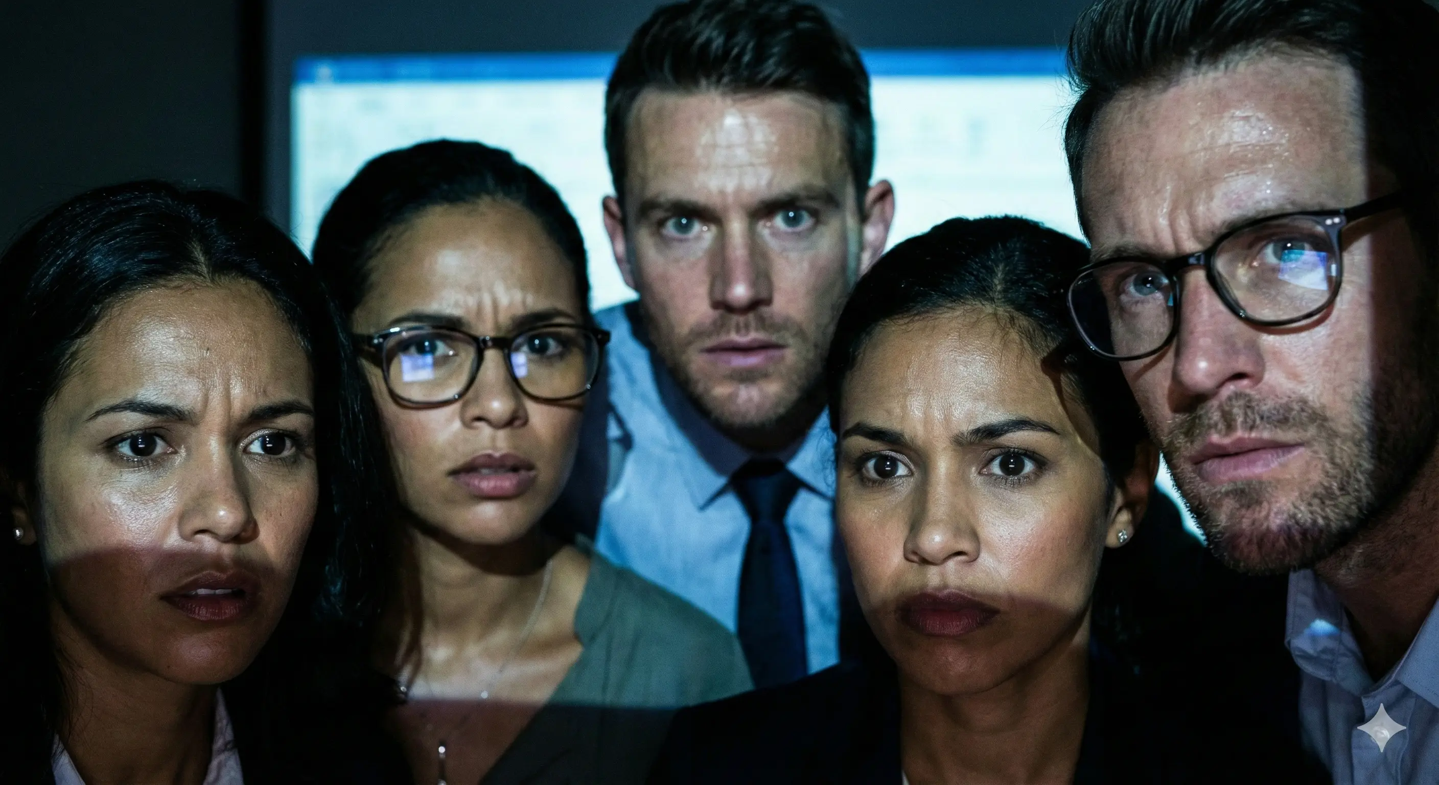 Иллюстрация: Группа людей в деловых костюмах сидит в темной переговорке, освещенной только теплым светом проектора. Все подались вперед и внимательно слушают спикера.