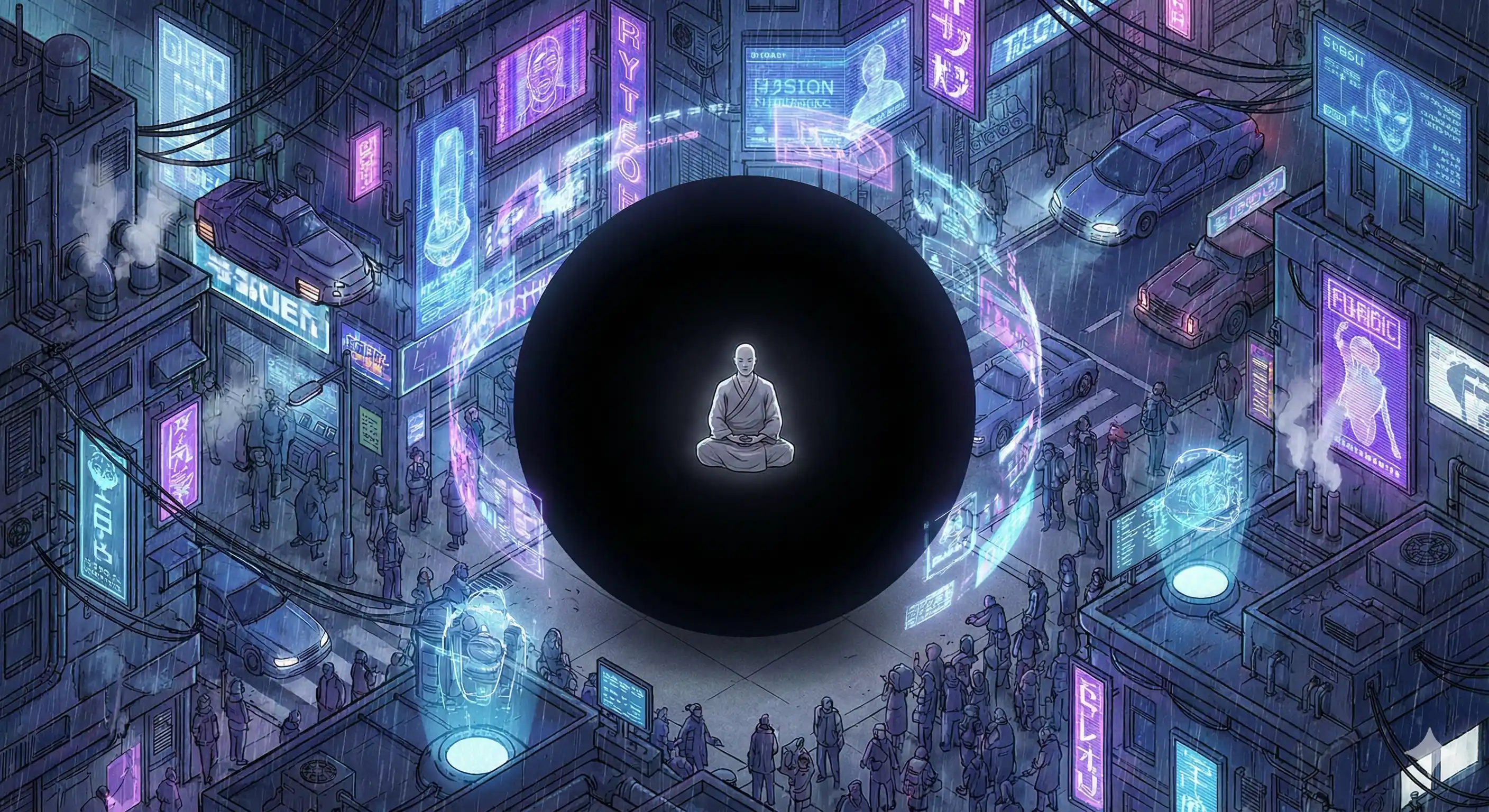 Иллюстрация: Одинокий силуэт человека в сфере тишины посреди шумного кибер-города.