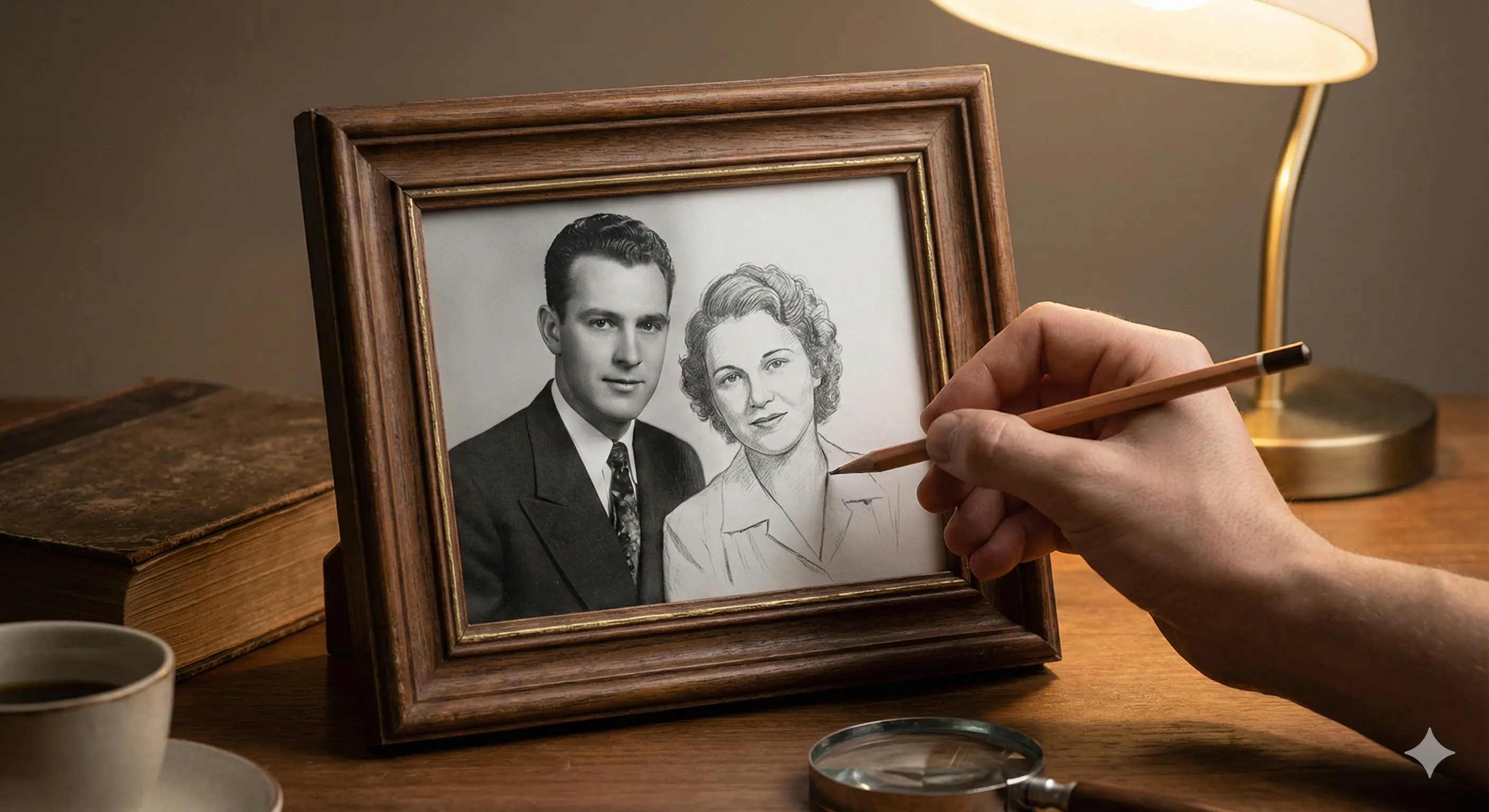 Иллюстрация: Старая фотография в рамке, на которой часть изображения размыта и заменяется цифровыми пикселями или дорисовывается карандашом.