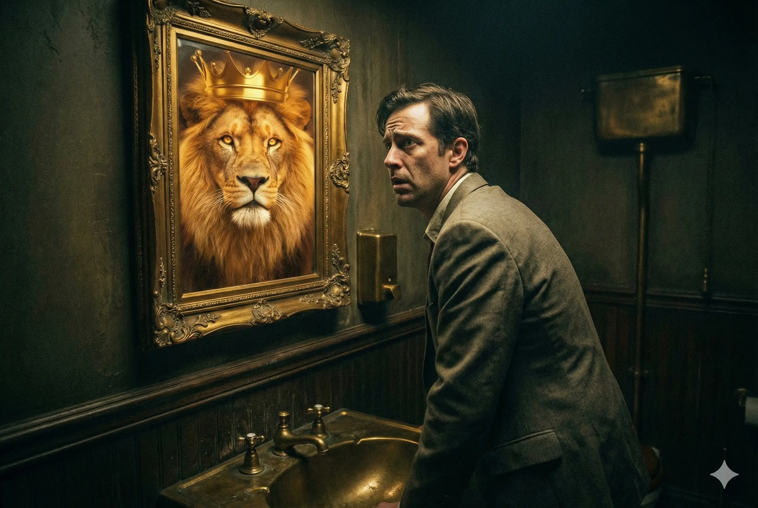 Человек в деловом костюме смотрит в зеркало, но видит там льва с короной, всё в мрачных нуарных тонах
