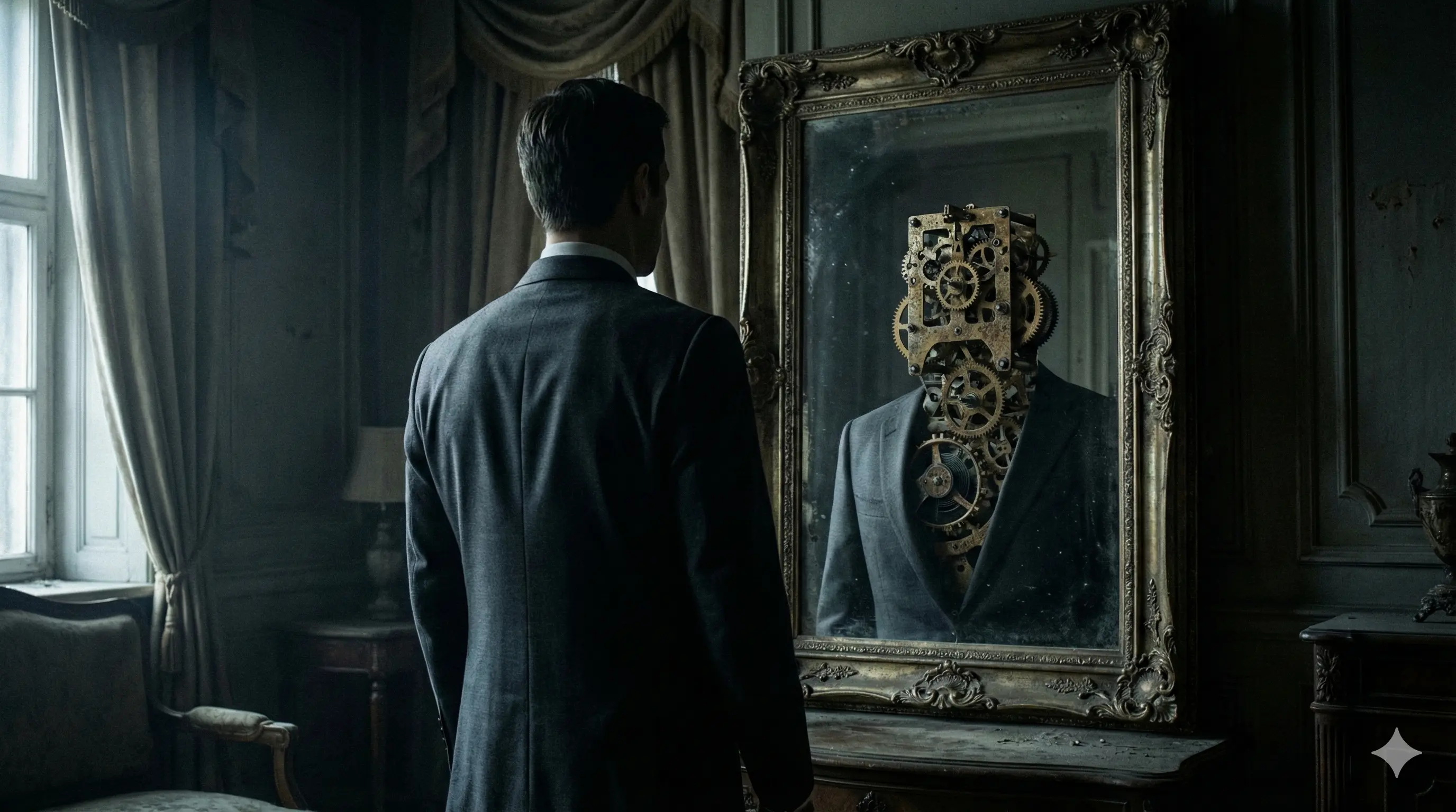 Мрачное отражение в зеркале. Человек в деловом костюме смотрит в зеркало, но видит там не себя, а сложный часовой механизм или пустоту. Стиль: Cinematic Noir, холодные тона, зернистость пленки.