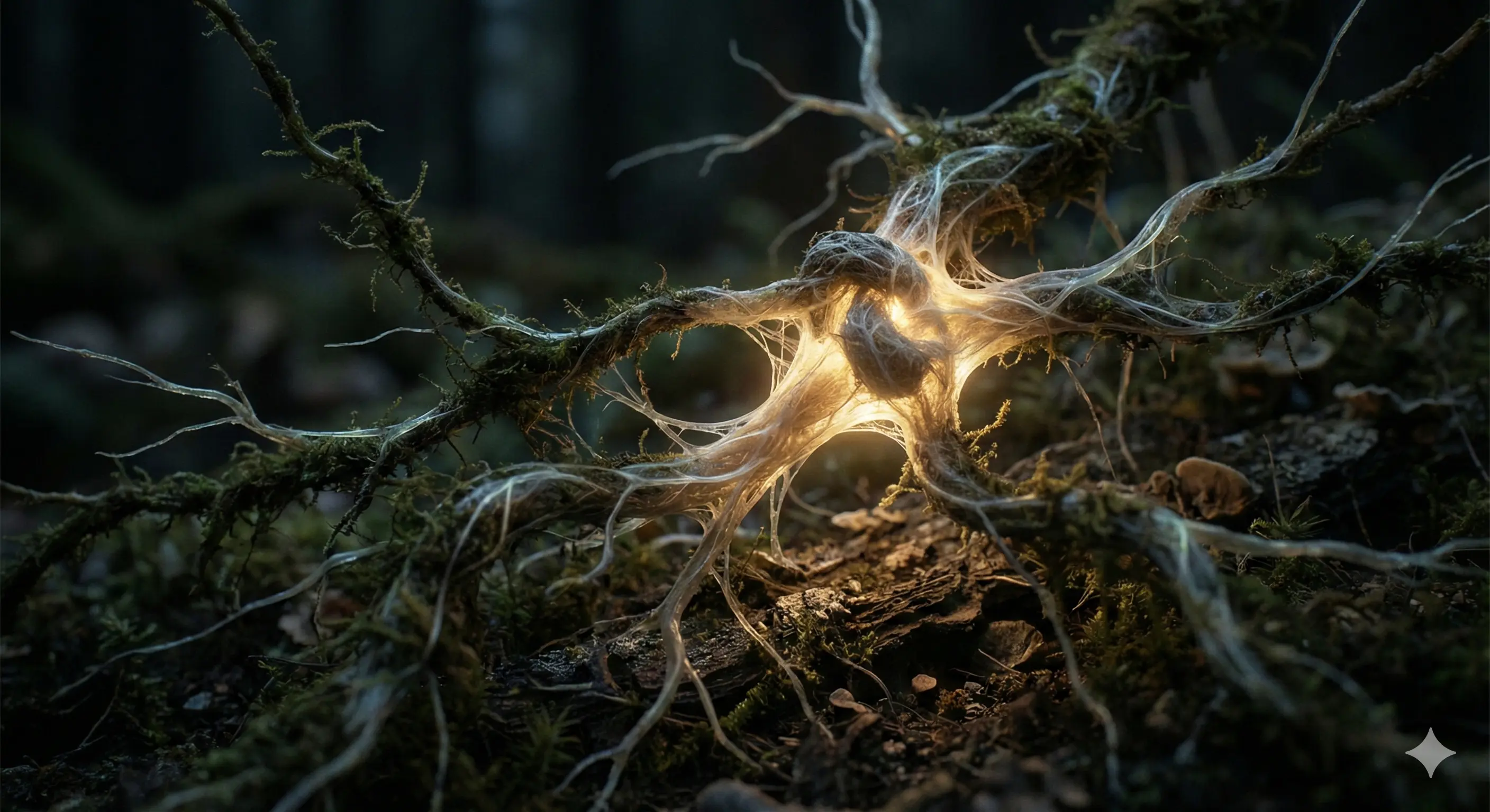 Иллюстрация: Макросъемка сложной структуры, похожей на нейронную сеть или корневую систему, светящуюся изнутри. Метафора зарождения мысли.