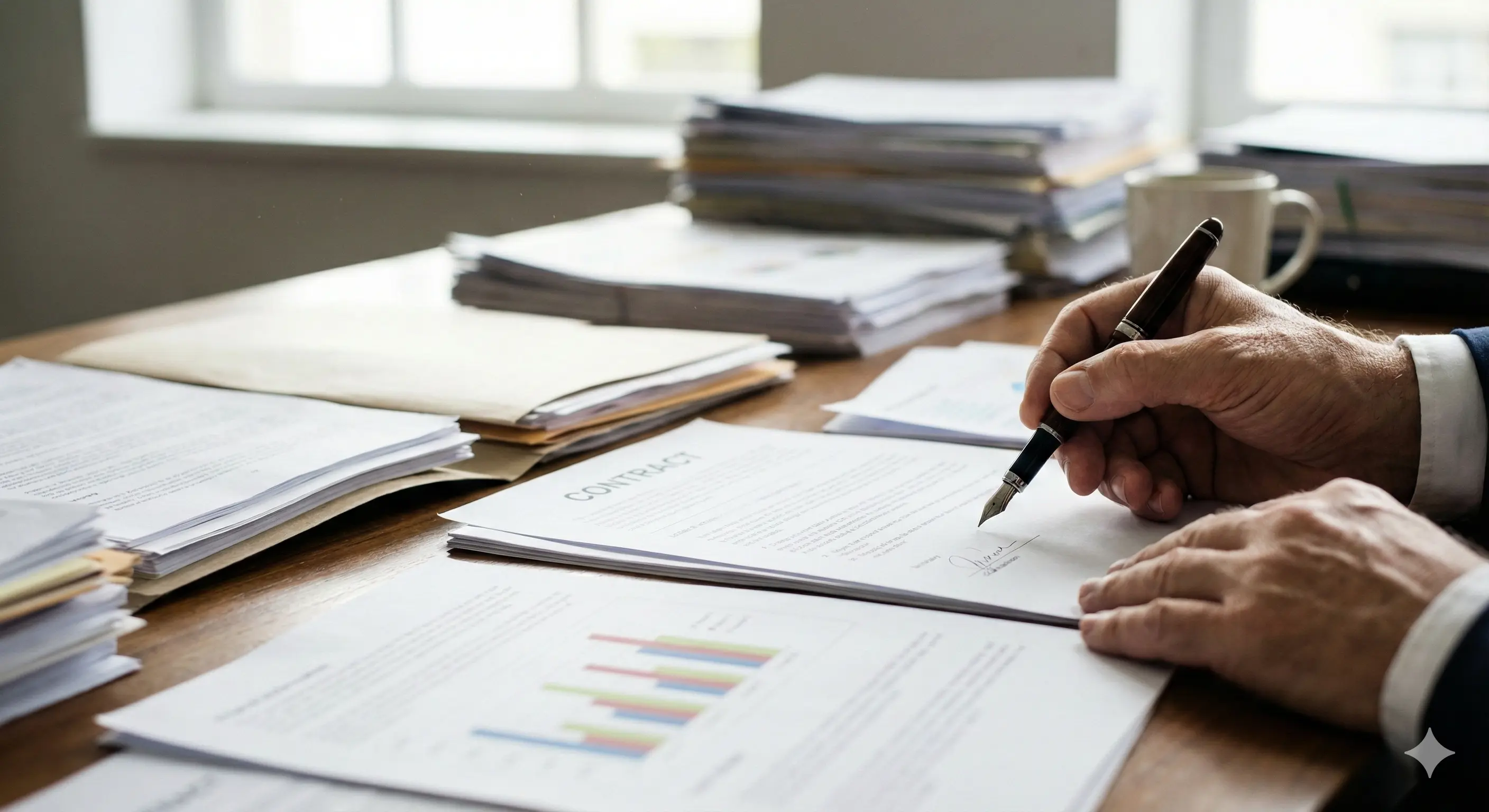 Иллюстрация: Уставший мужчина в дорогом костюме сидит за столом, заваленным бумагами, поздно вечером.