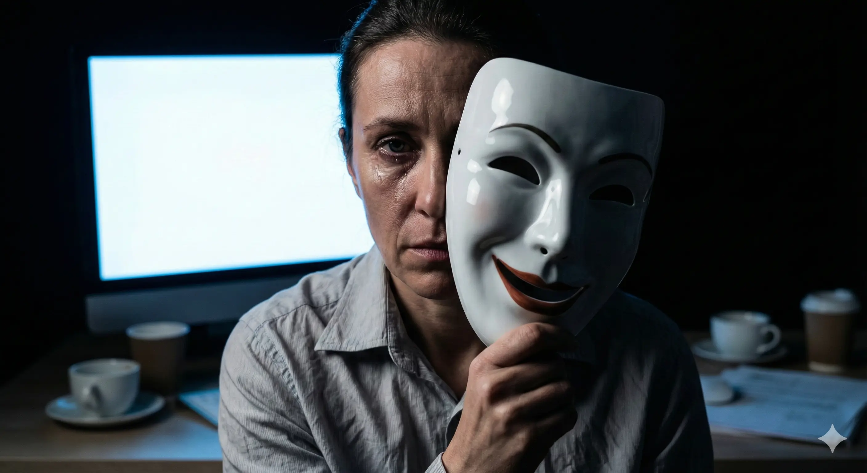 Иллюстрация: Человек снимает «социальную маску». Контраст между внешним блеском и внутренней пустотой.