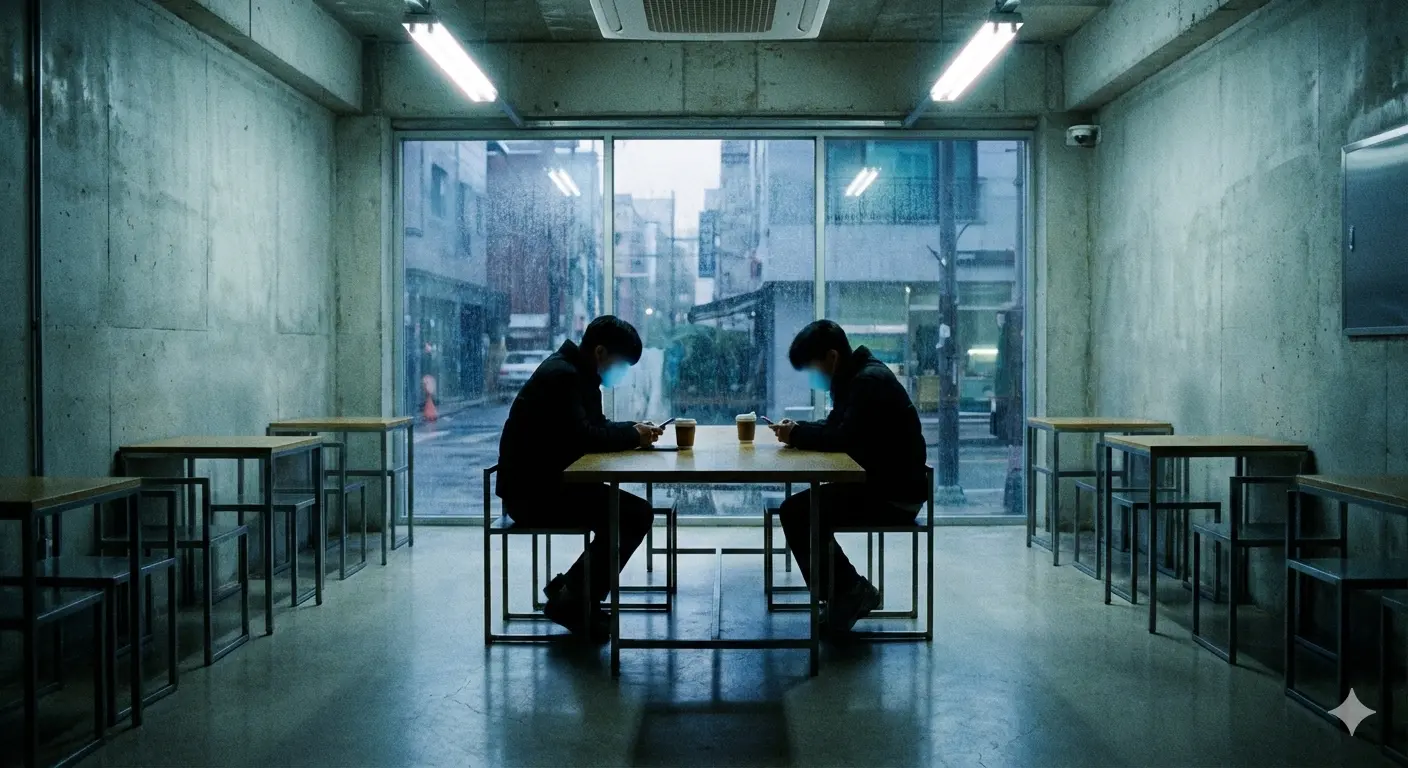 Человек за столом в кафе, но он не смотрит на собеседника - уткнулся в телефон. Второй человек сидит с пустым взглядом, тоже держит телефон. Стиль: Cinematic, холодный свет, ощущение отчуждения