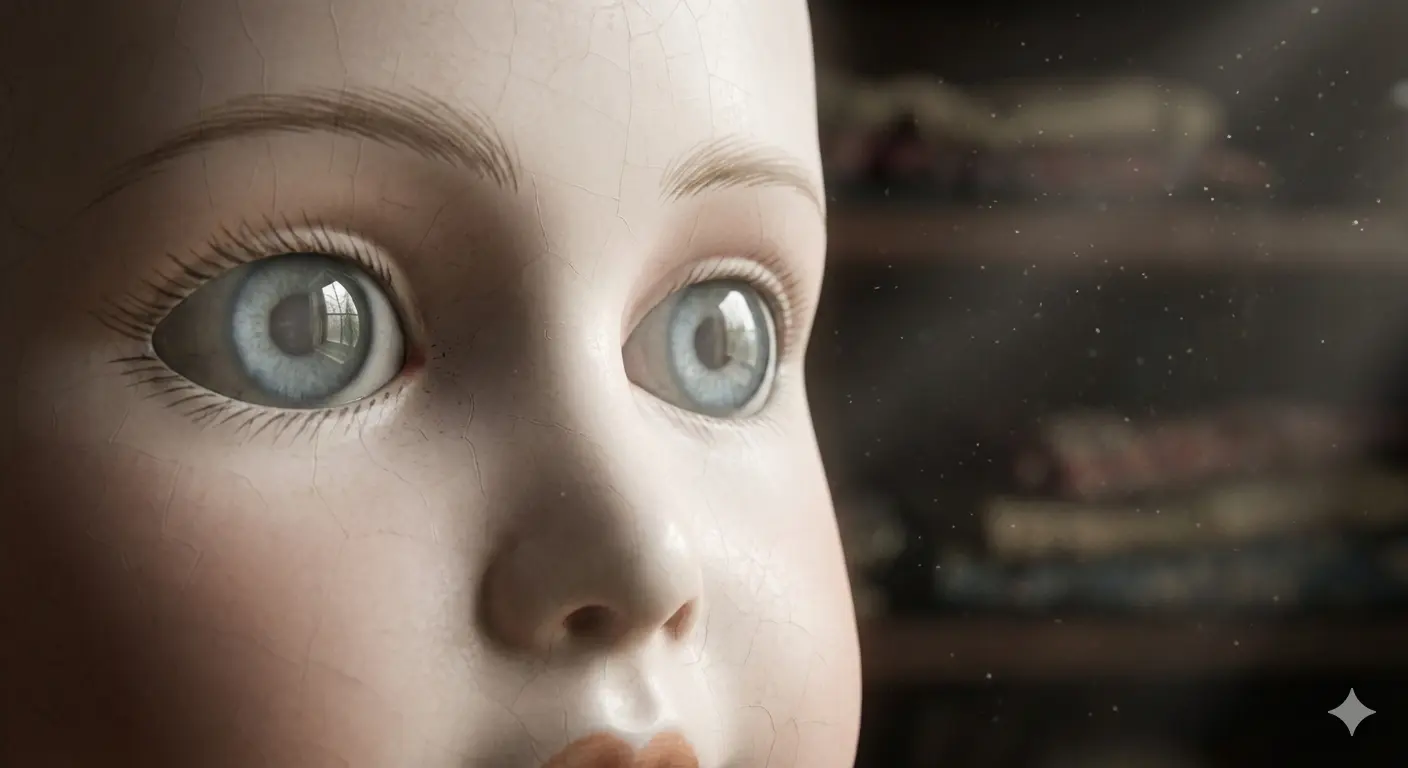 Иллюстрация: Крупный план лица фарфоровой куклы или манекена. Сделано очень реалистично, но в глазах пустота, что создает ощущение легкой тревоги.