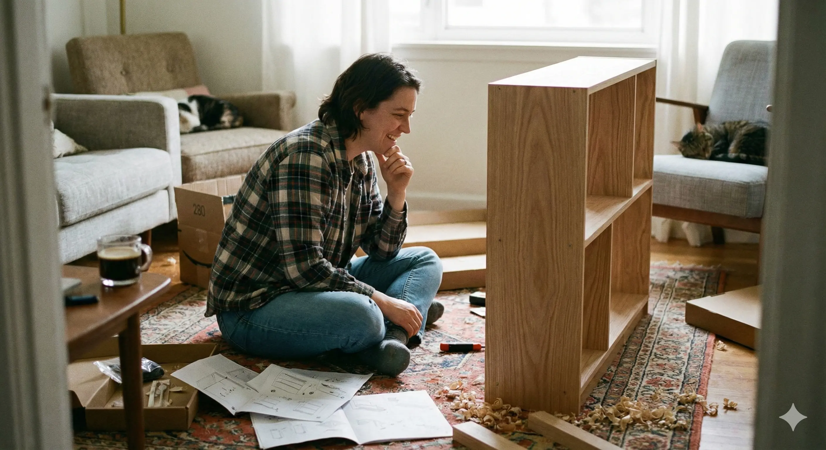 Иллюстрация: Мужчина сидит на полу в окружении деталей мебели и инструментов. Он выглядит уставшим, но смотрит на собранную тумбочку с невероятной гордостью.