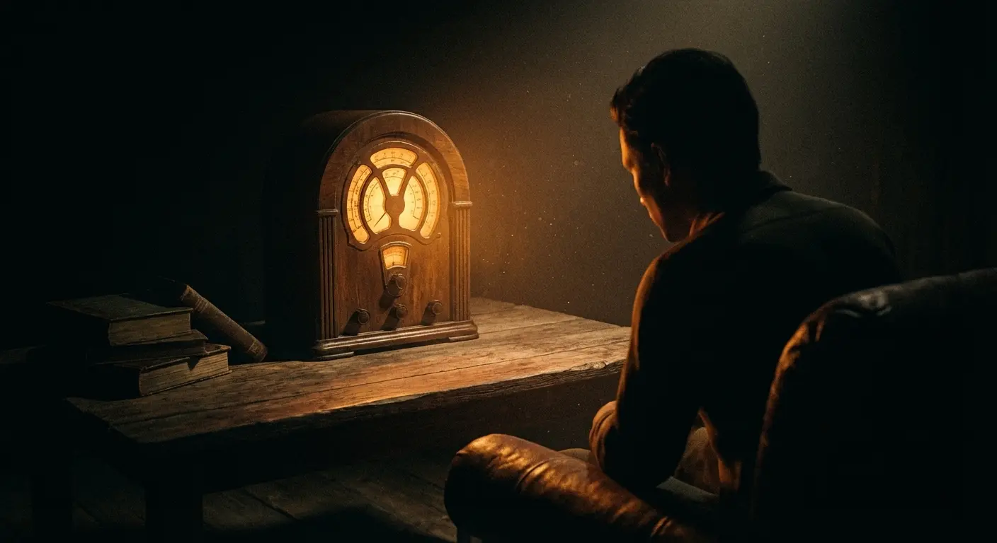 Старый радиоприемник в темной комнате, из динамика идет свечение, перед ним сидит силуэт человека. Атмосфера гипноза. Стиль: Cinematic Noir, зернистость пленки, холодные тона